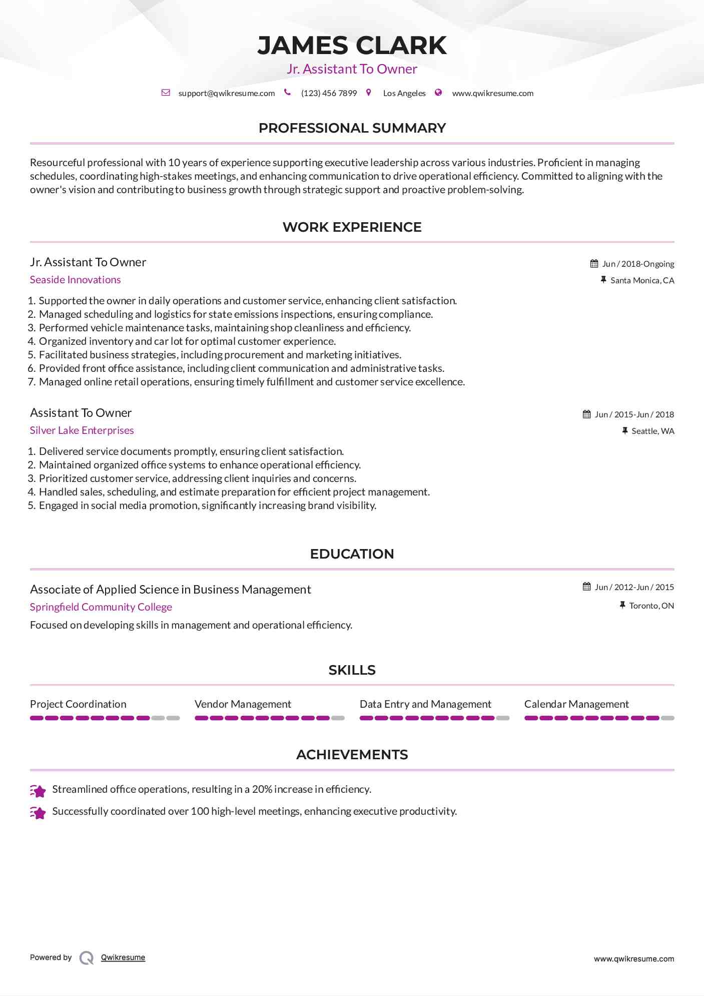 Jr. Assistant To Owner Resume Template