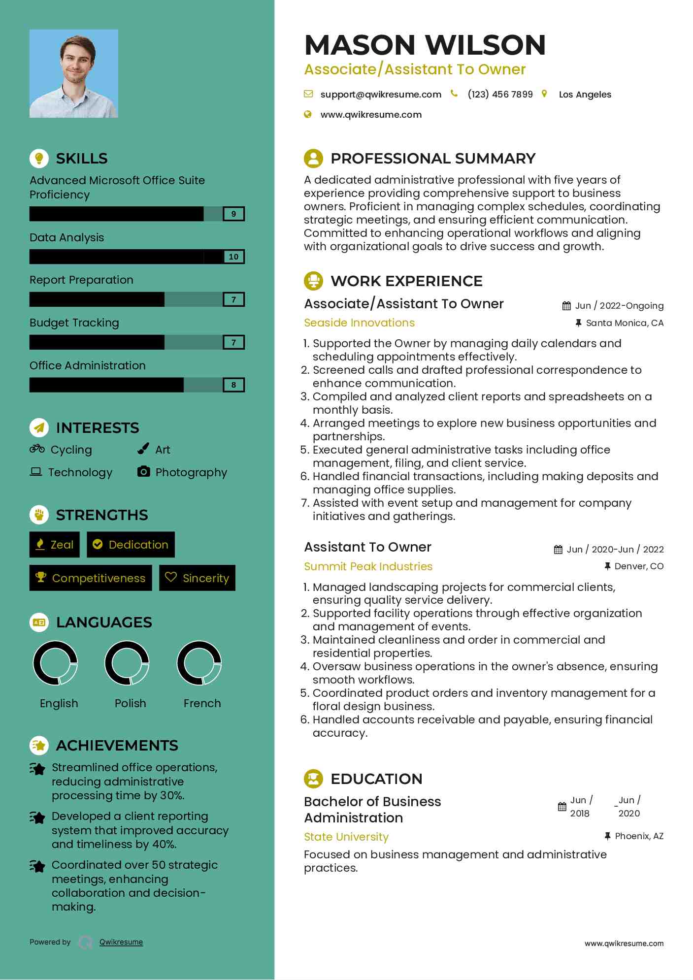 Associate/Assistant To Owner Resume Sample