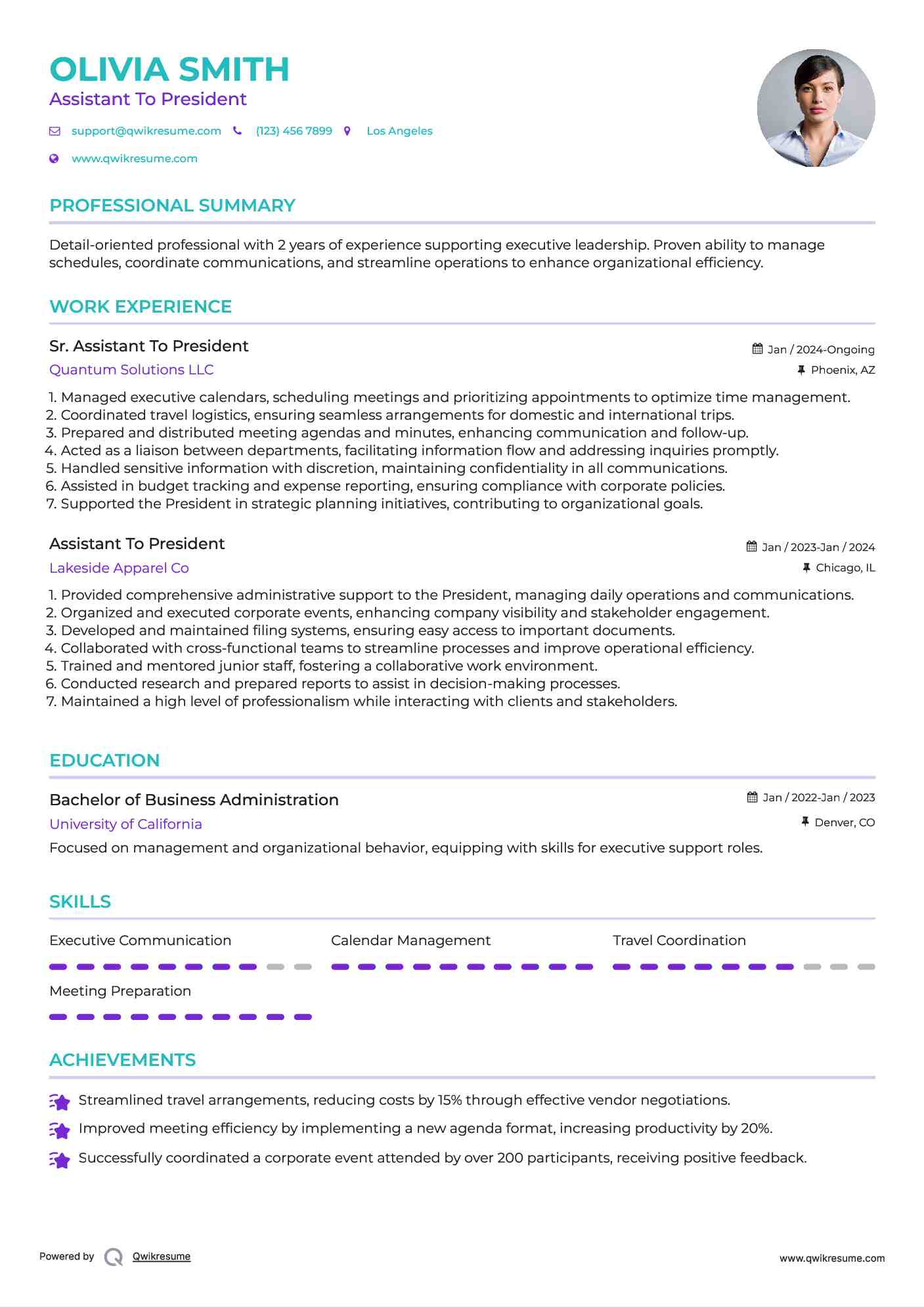 Sr. Assistant To President Resume Template