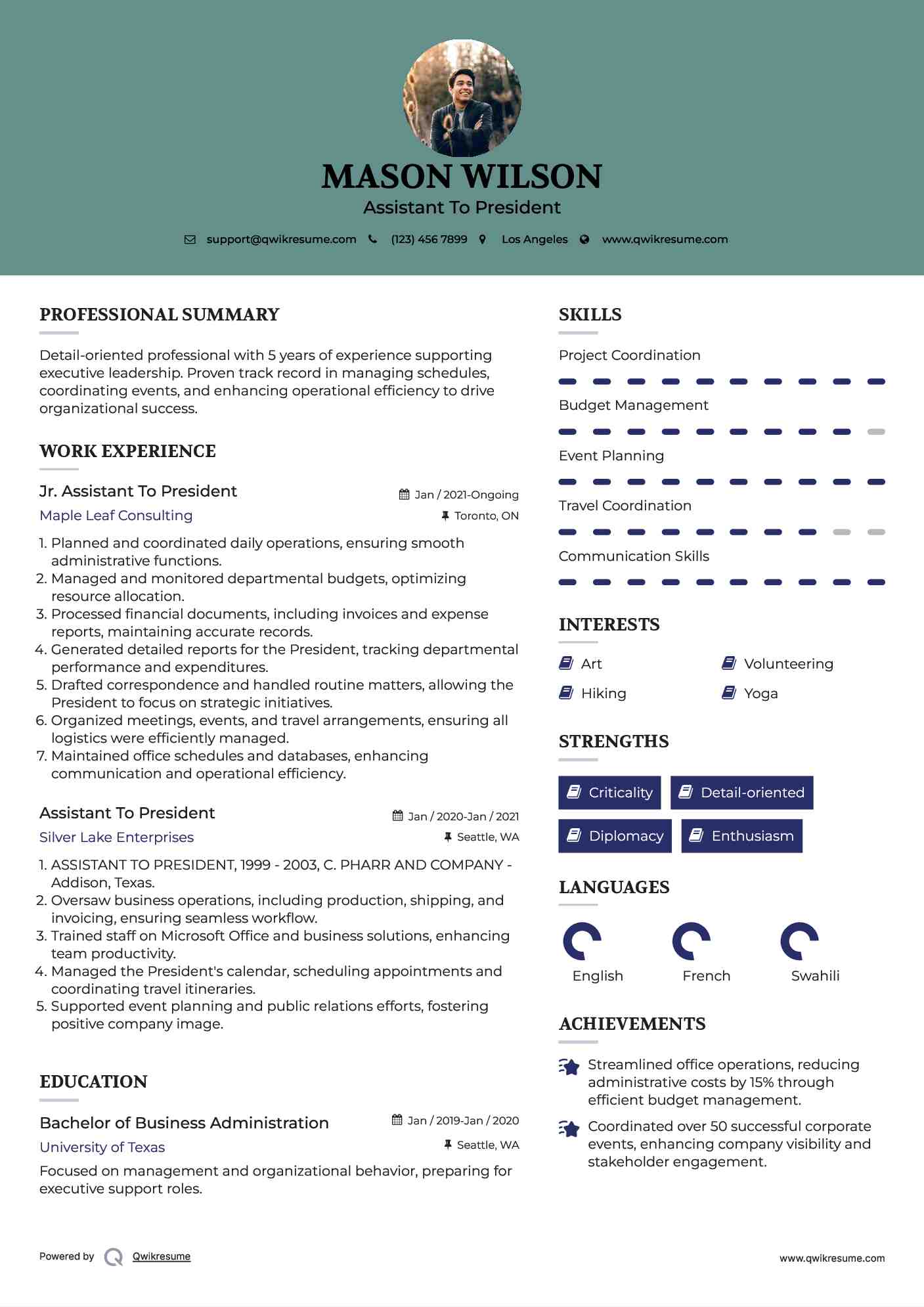 Jr. Assistant To President Resume Sample