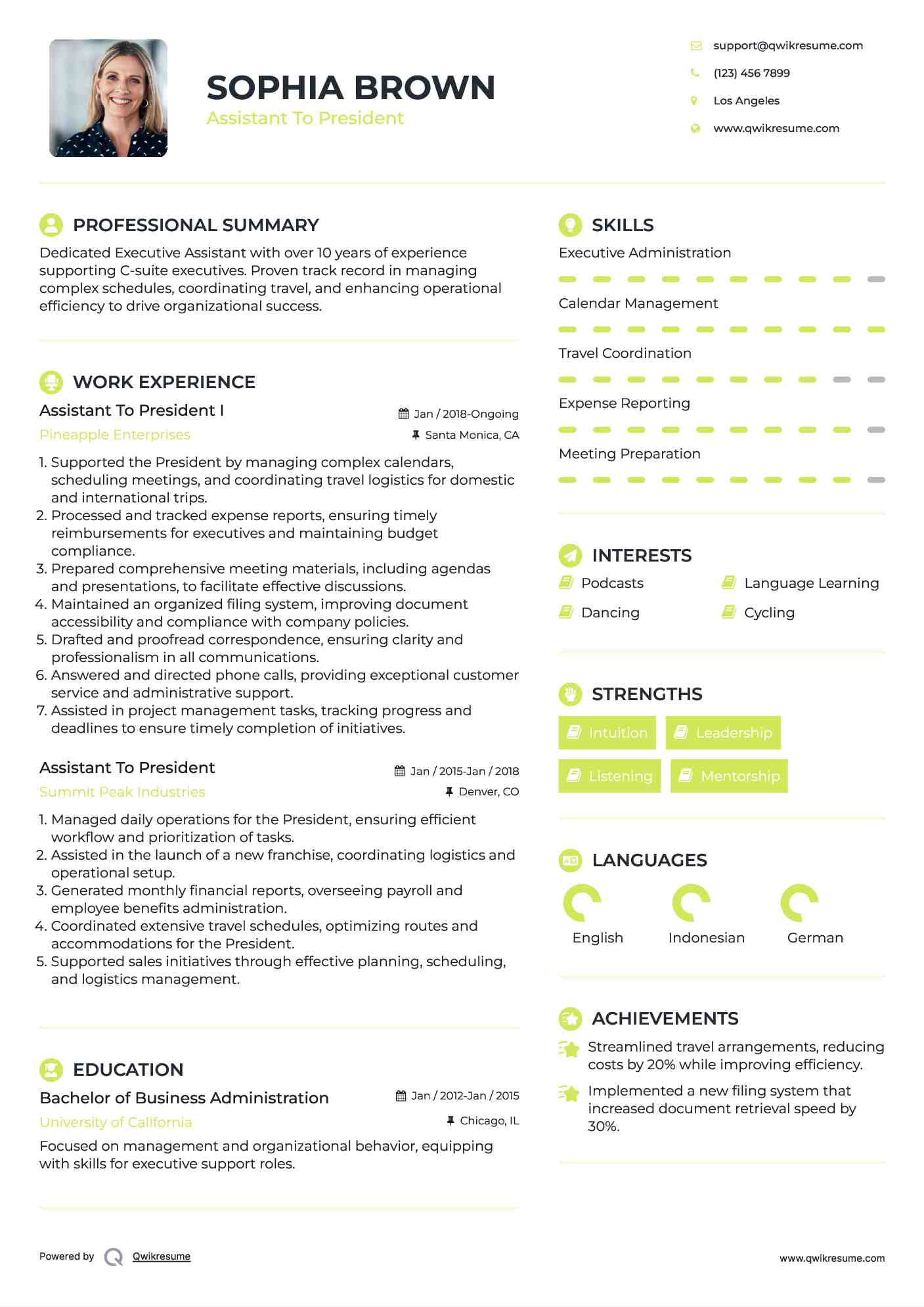 Assistant To President I Resume Example