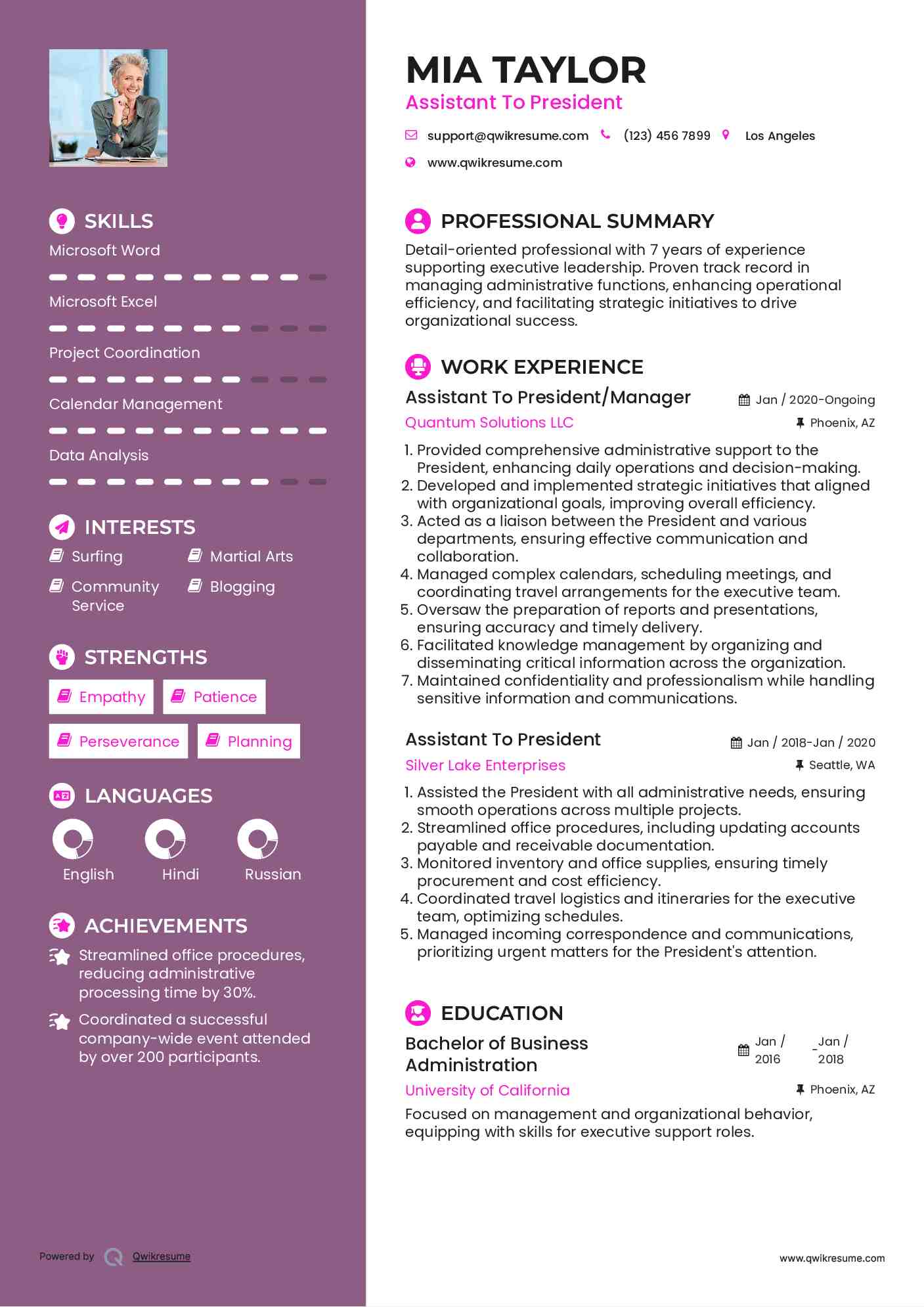Assistant To President/Manager Resume Template