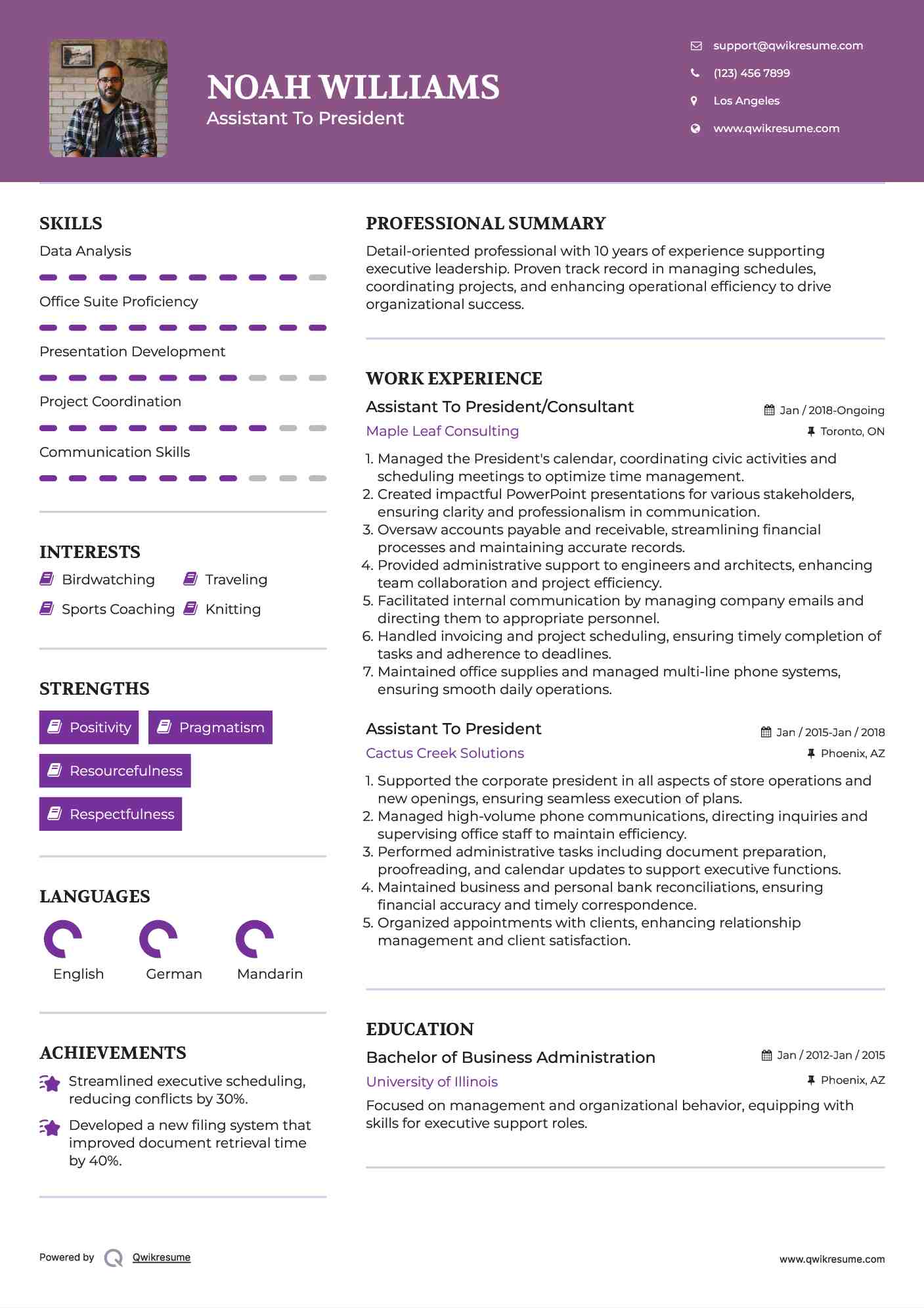 Assistant To President/Consultant Resume Sample