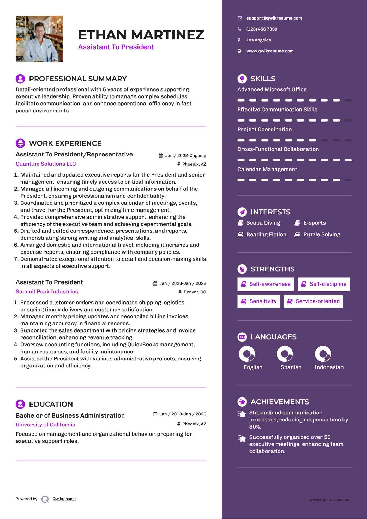 Assistant To President/Representative Resume Model