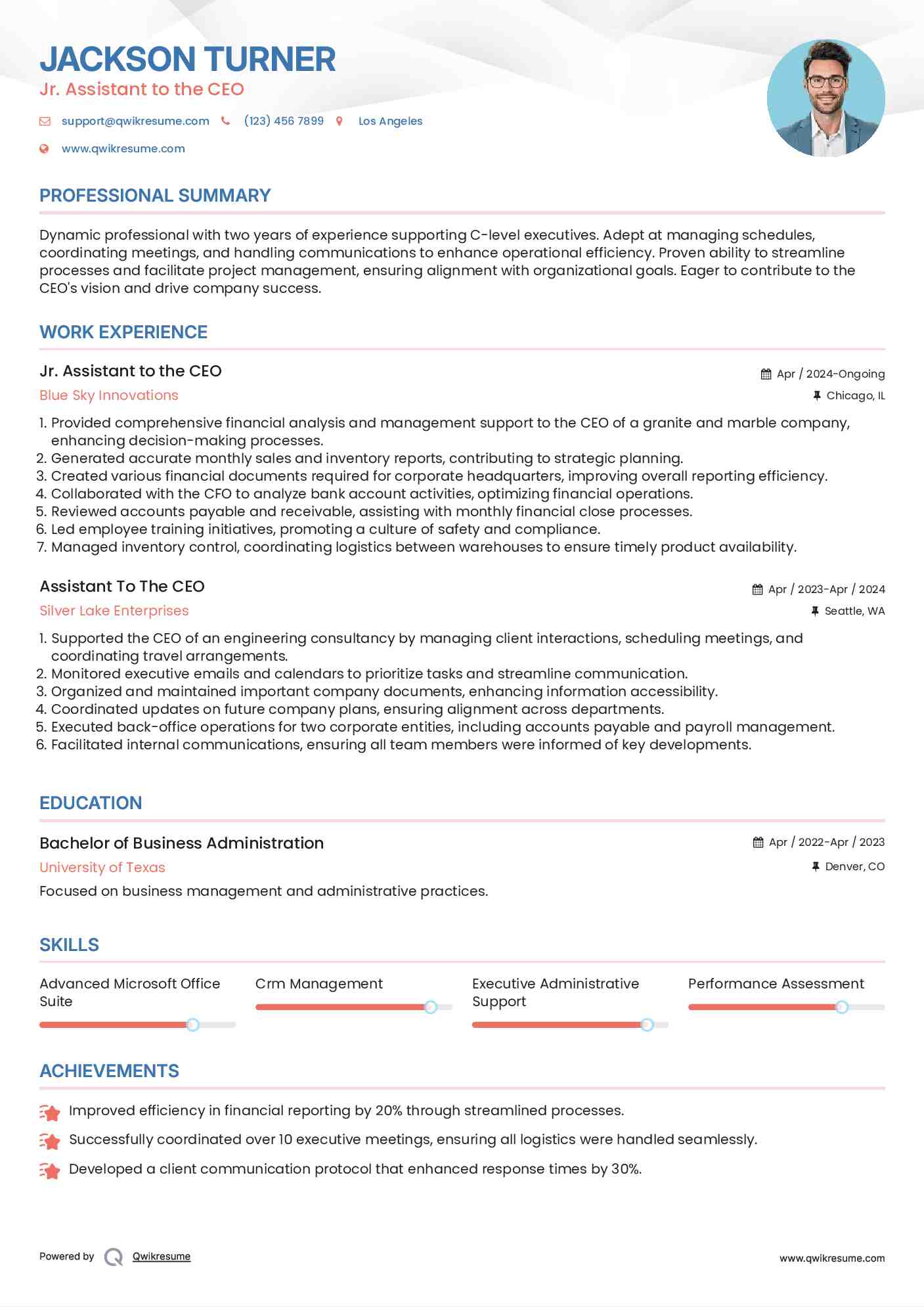 Jr. Assistant to the CEO Resume Example