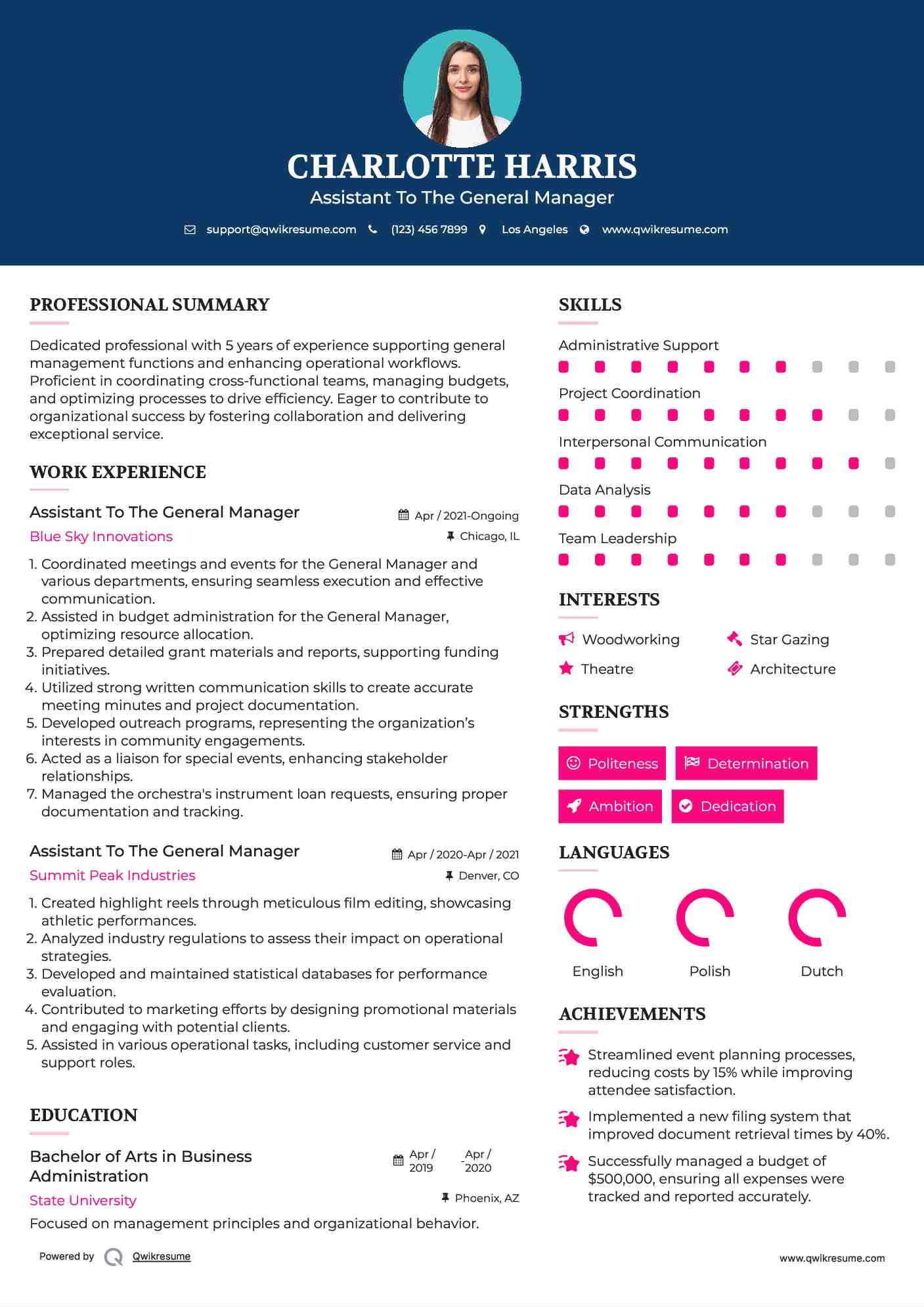 Assistant To The General Manager Resume Example