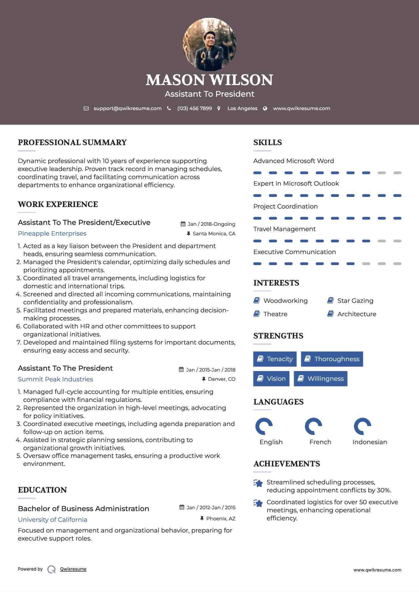Assistant To The President/Executive Resume Model