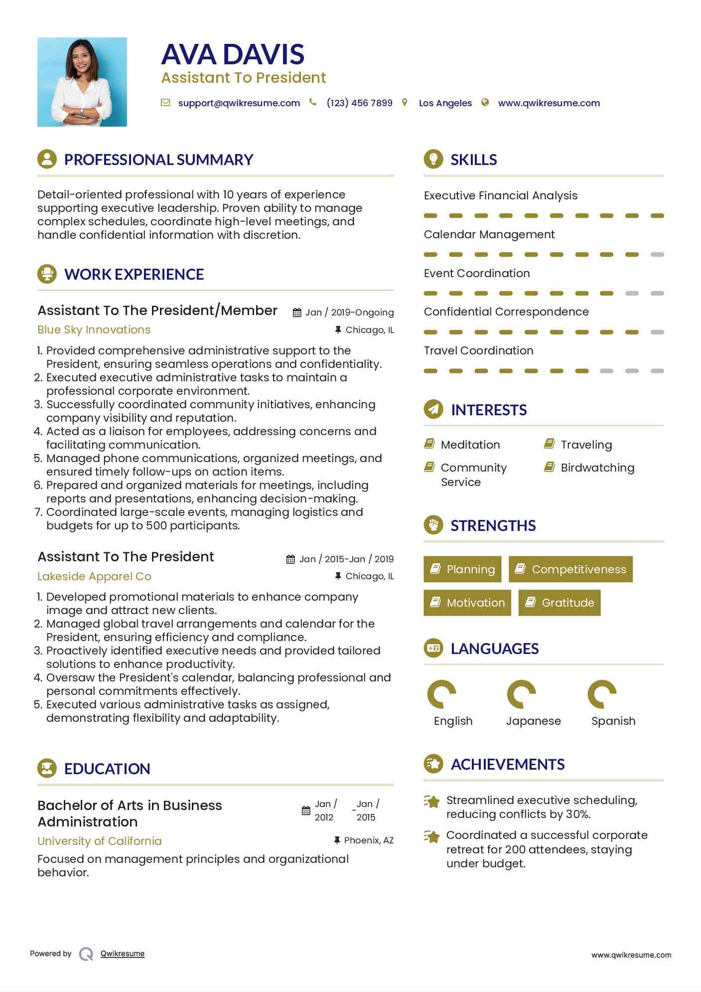 Assistant To The President/Member Resume Example