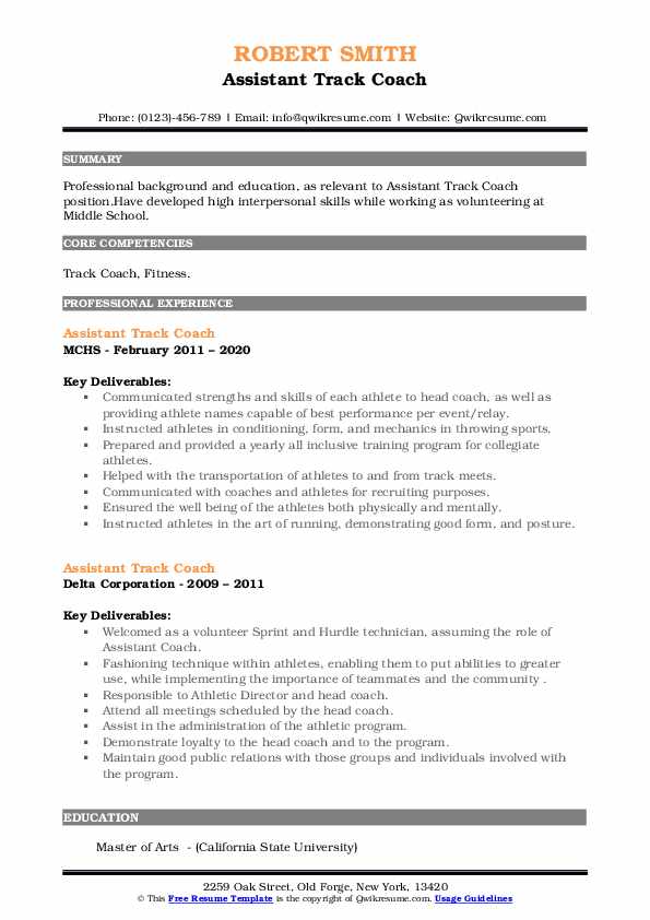 Assistant Track Coach Resume Samples QwikResume