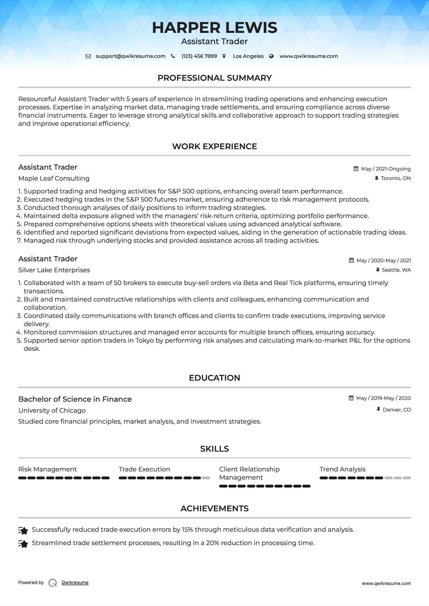 Assistant Trader Resume Example