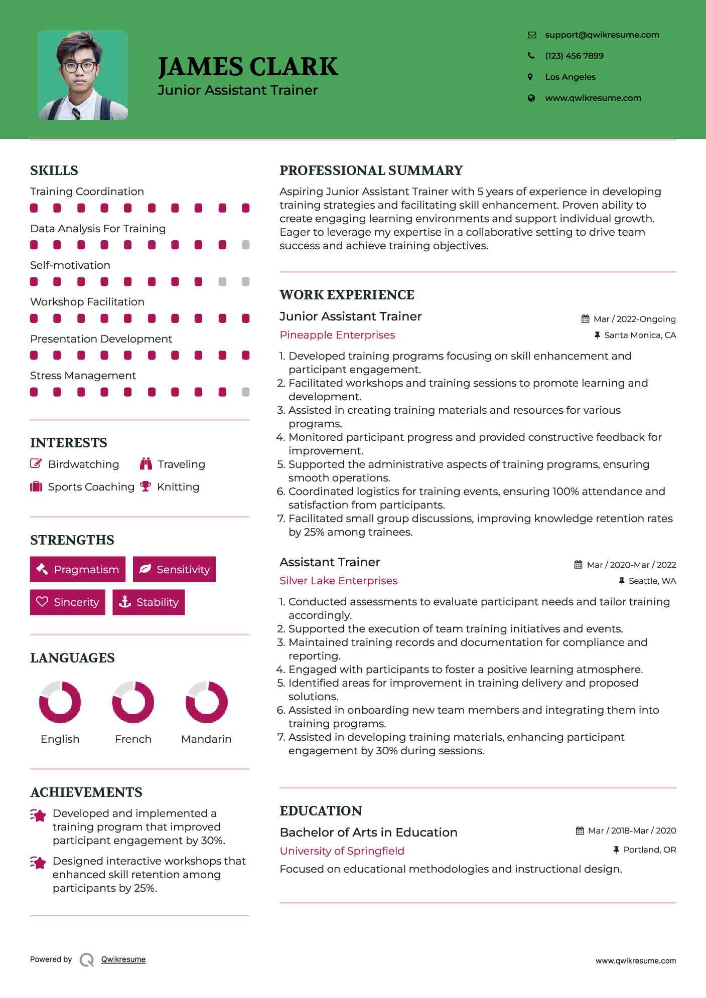 Junior Assistant Trainer Resume Format