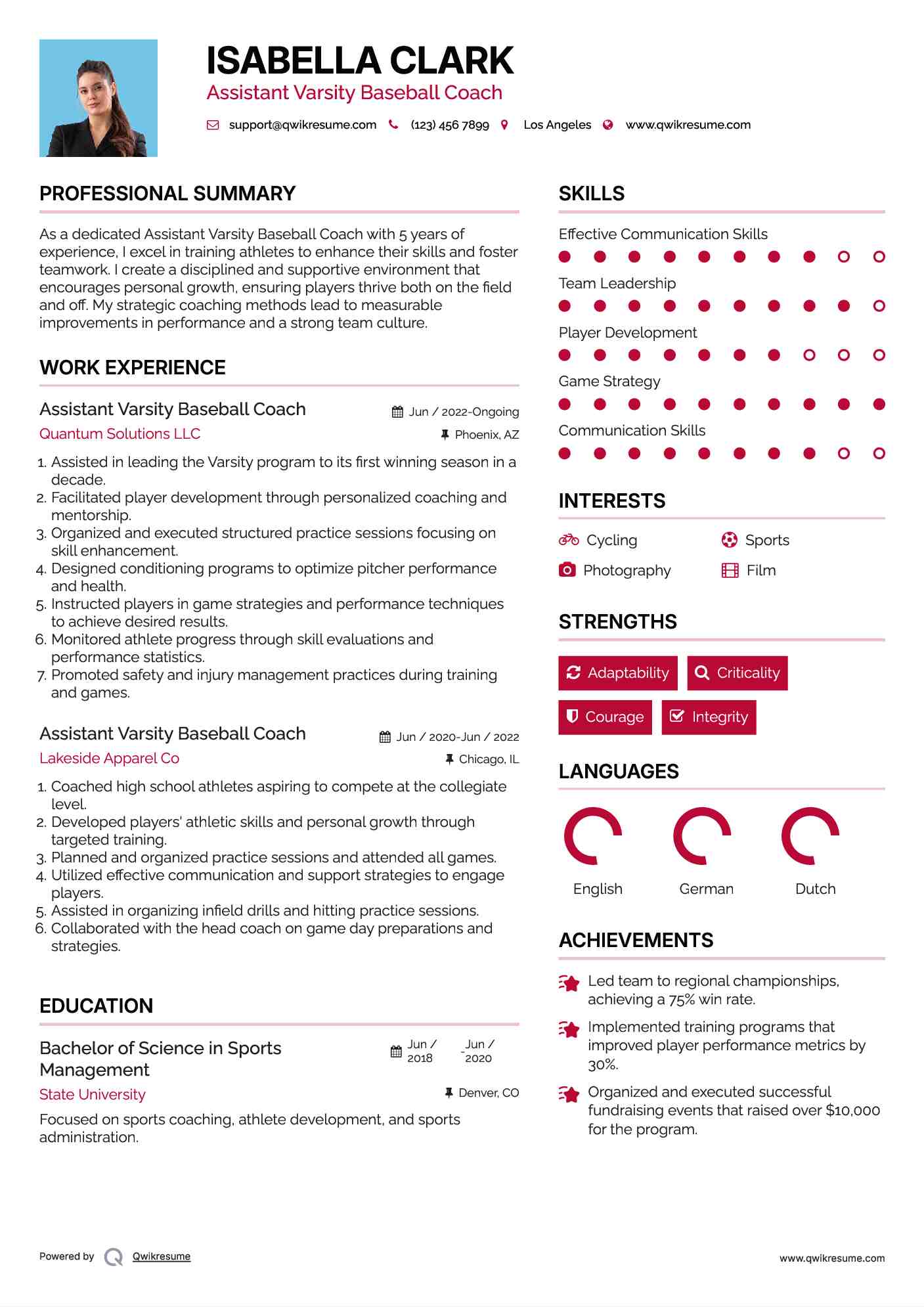 Assistant Varsity Baseball Coach Resume Sample