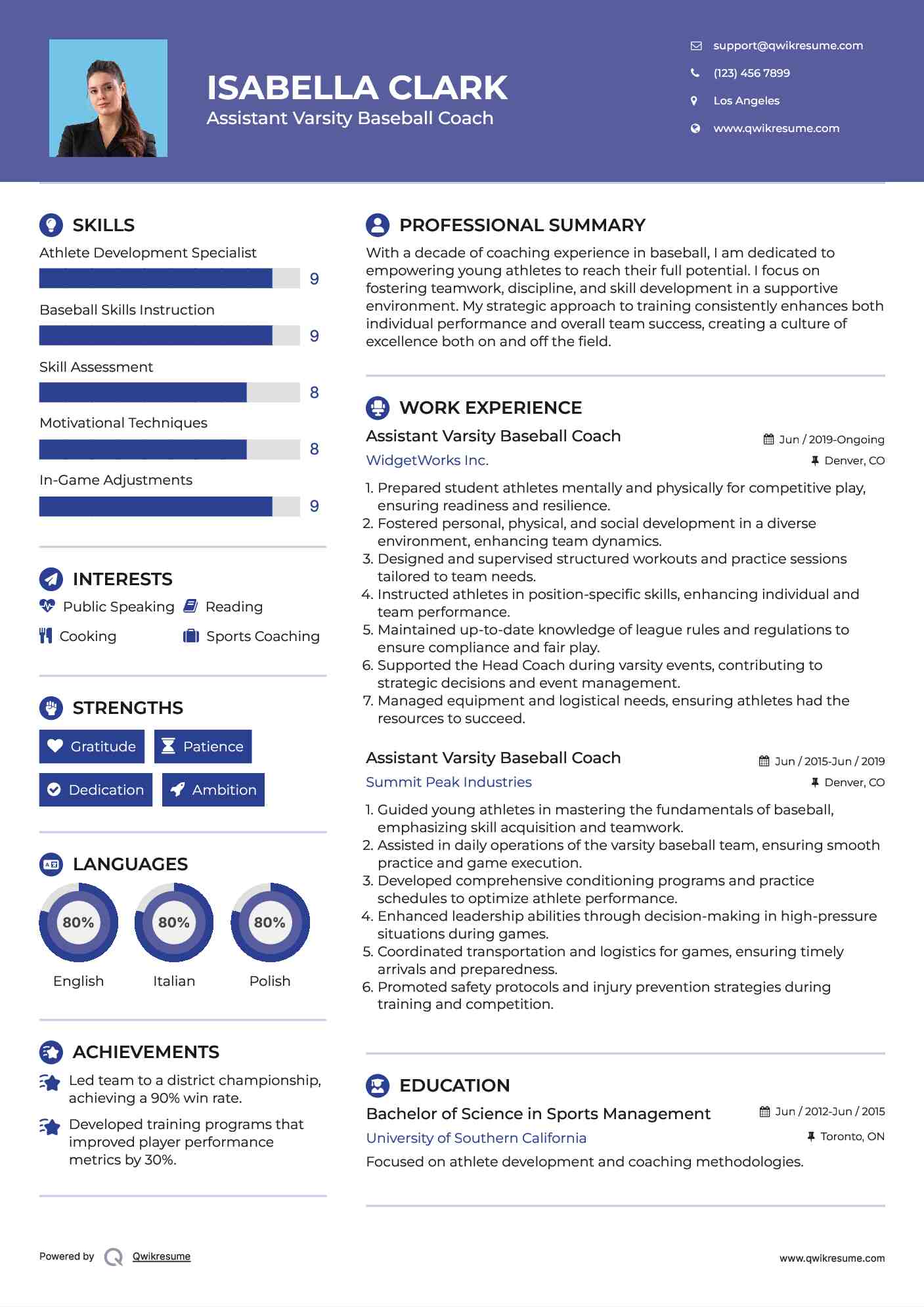 Assistant Varsity Baseball Coach Resume Samples Qwikresume