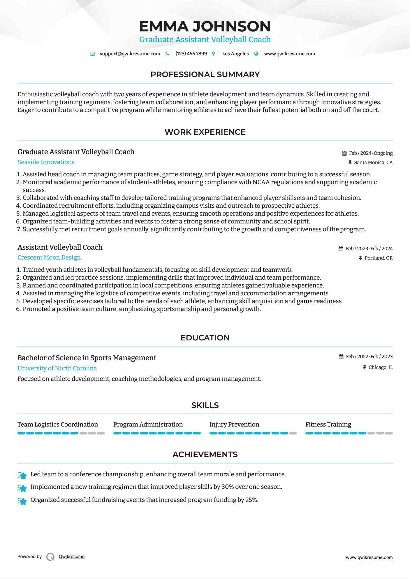 Graduate Assistant Volleyball Coach Resume Example