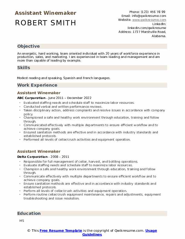 Assistant Winemaker Resume Samples QwikResume