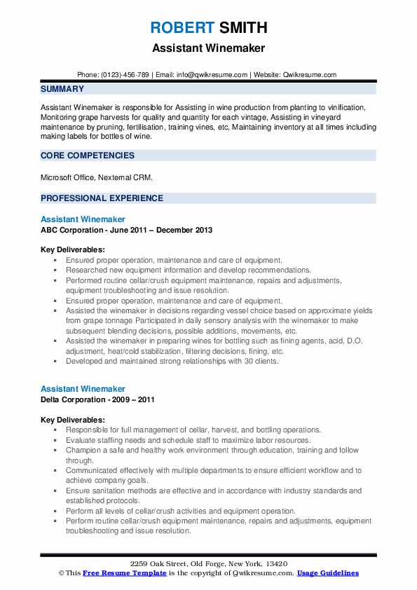 Assistant Winemaker Resume Samples QwikResume