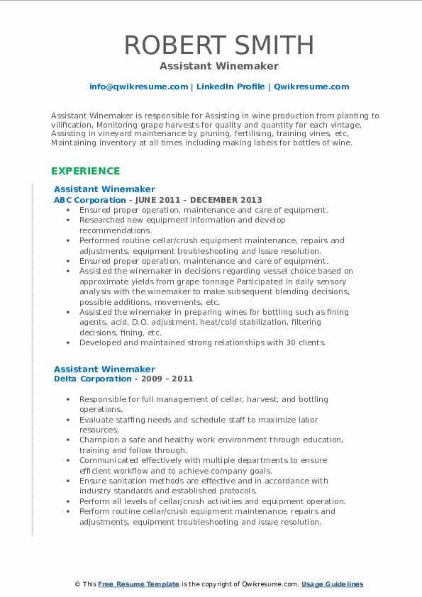 Assistant Winemaker Resume Samples QwikResume