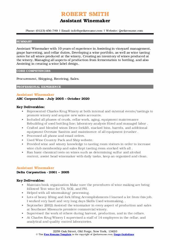 Assistant Winemaker Resume Samples QwikResume