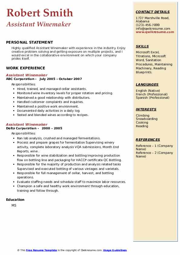 Assistant Winemaker Resume Samples QwikResume