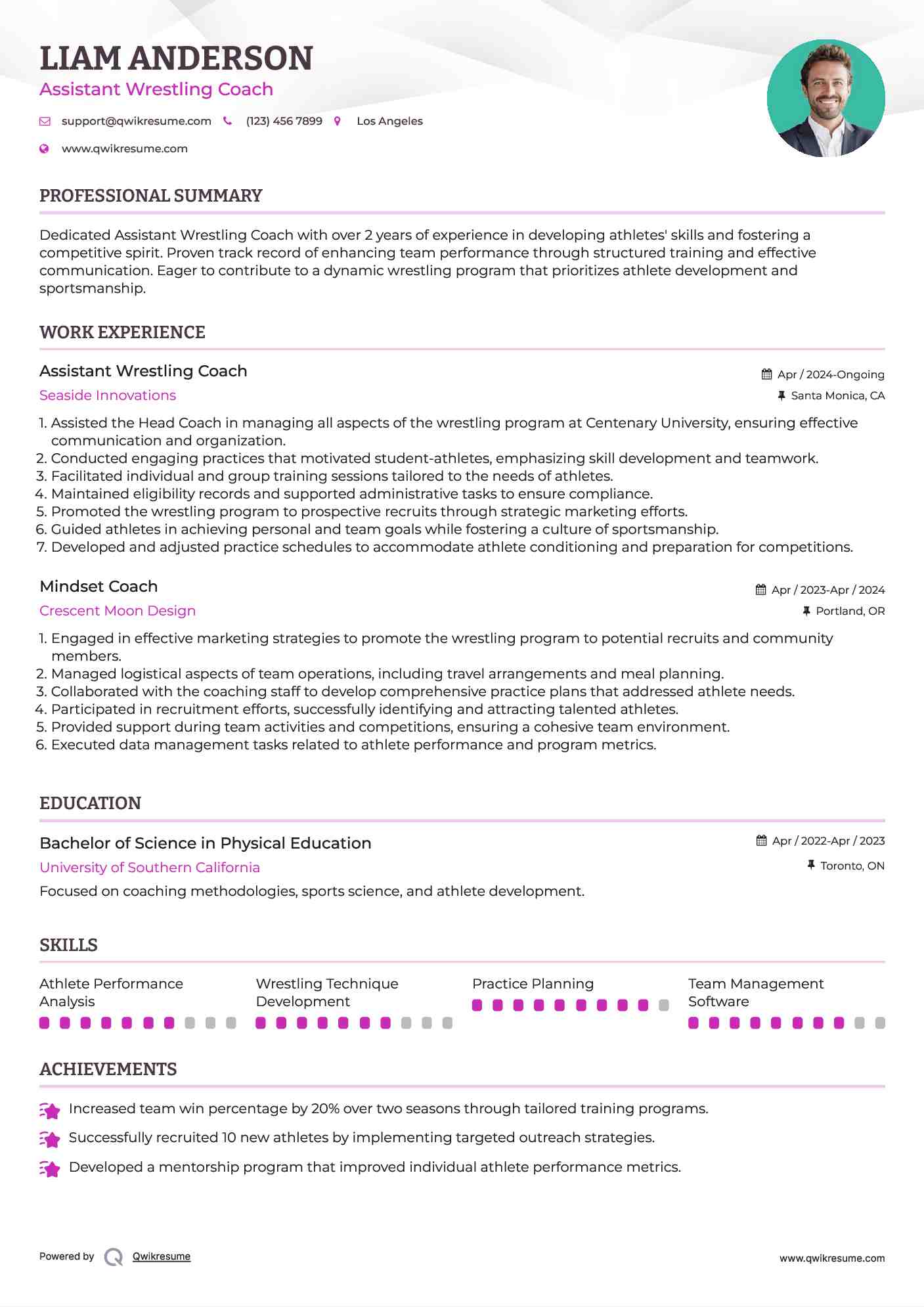 Assistant Wrestling Coach Resume Example