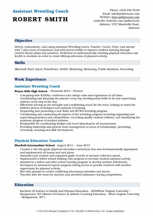 assistant wrestling coach resume samples qwikresume