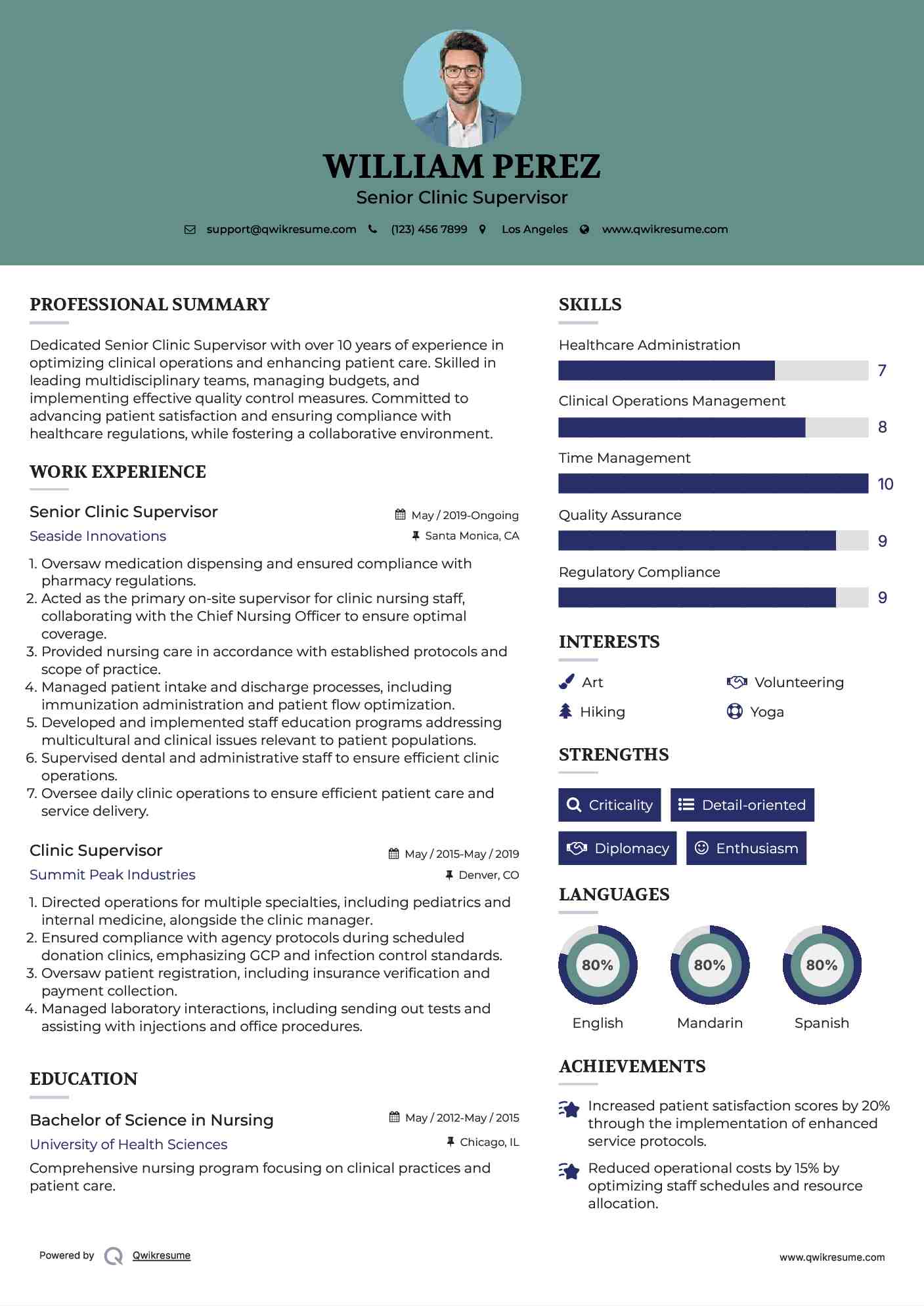 Senior Clinic Supervisor Resume Sample