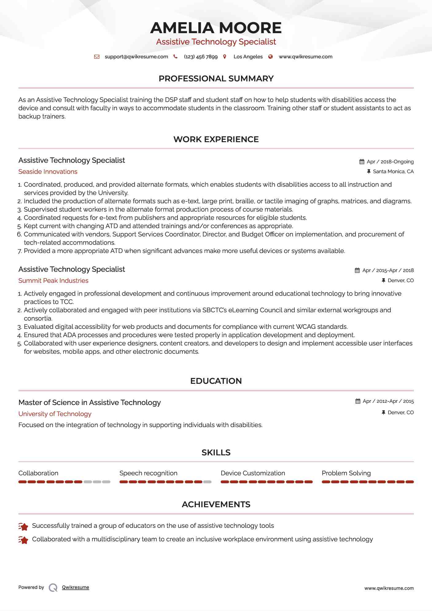 Assistive Technology Specialist Resume Example