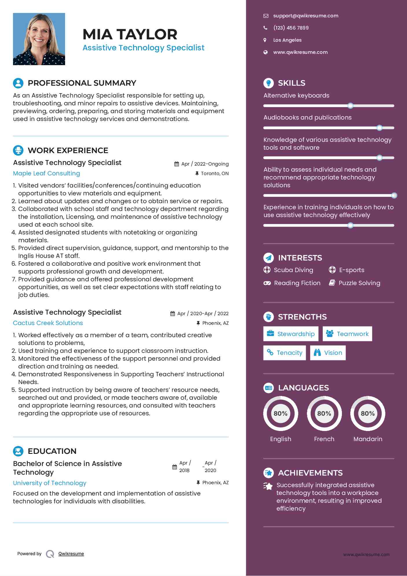 Assistive Technology Specialist Resume Sample