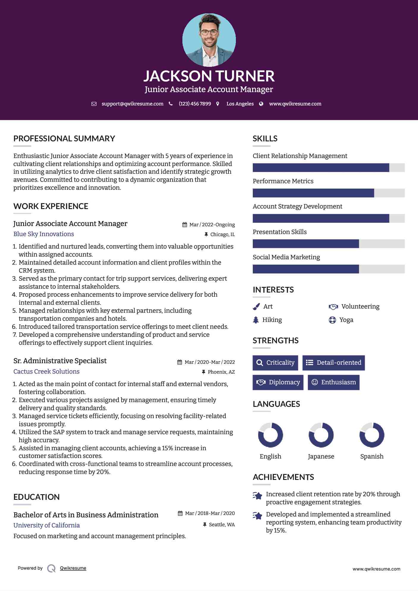 Junior Associate Account Manager Resume Sample