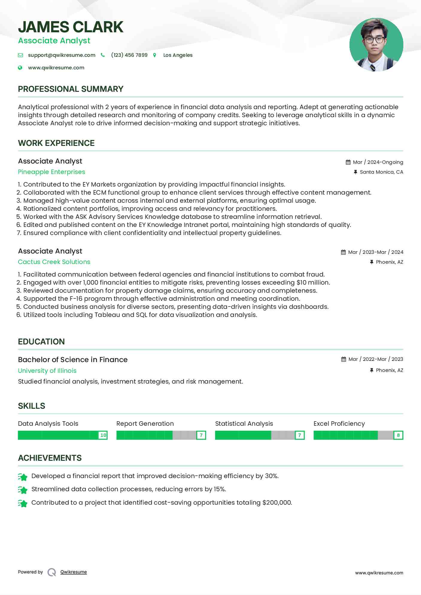 Associate Analyst Resume Format