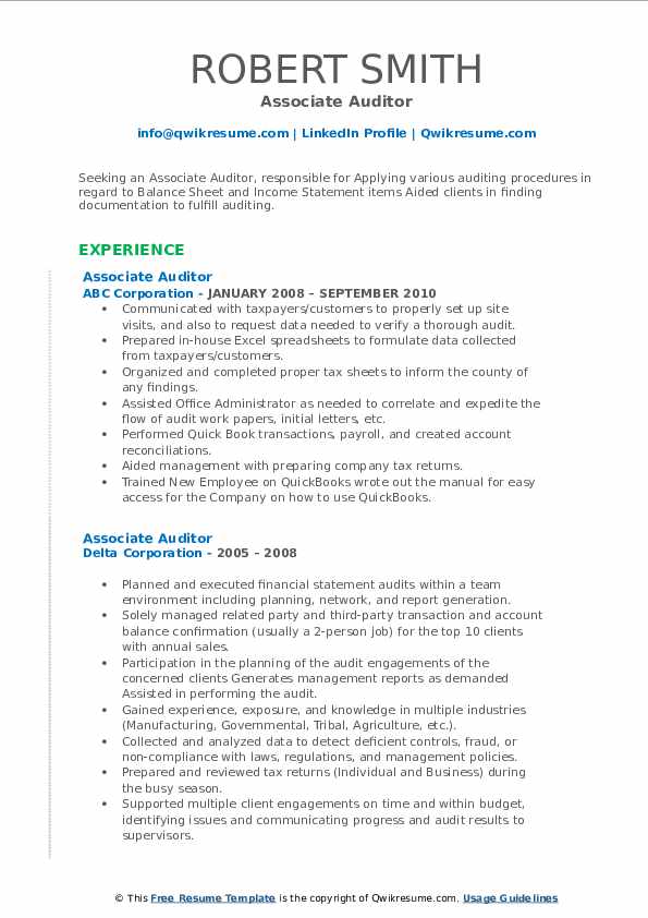 Associate Auditor Resume Samples | QwikResume