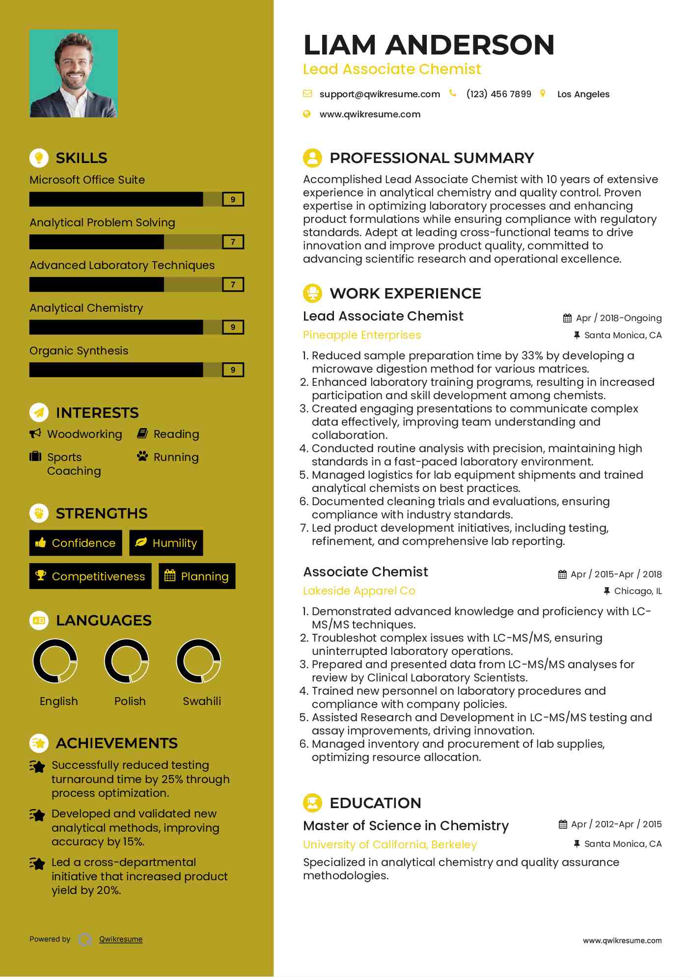 Lead Associate Chemist Resume Sample