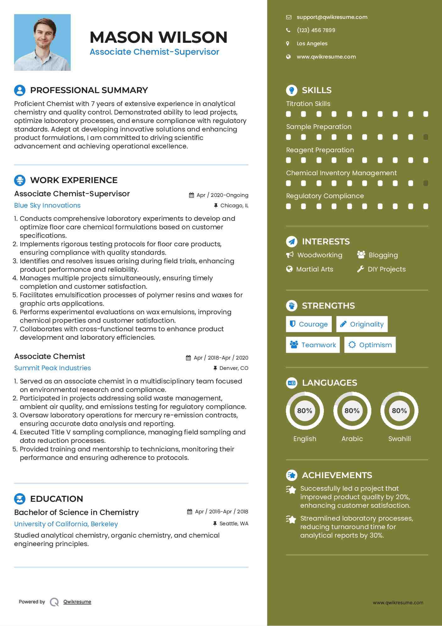 Associate Chemist-Supervisor Resume Sample