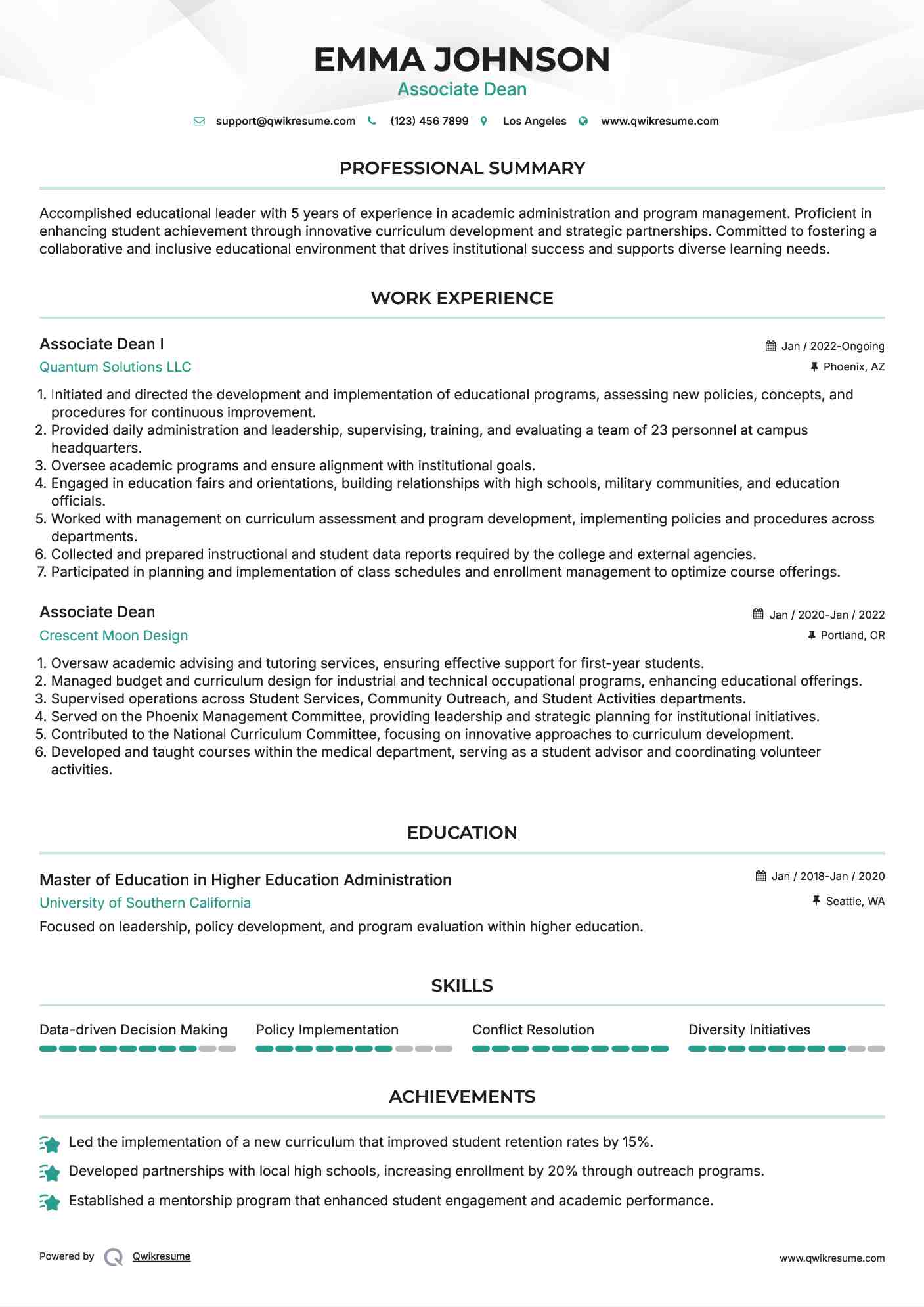 Associate Dean I Resume Sample