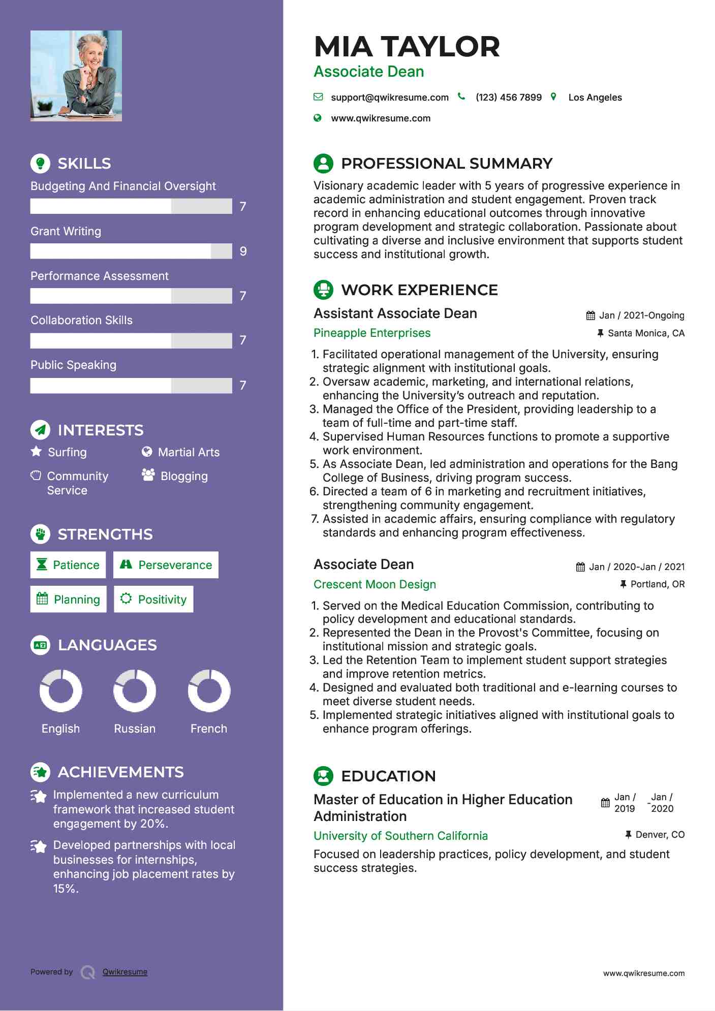 Assistant Associate Dean Resume Sample