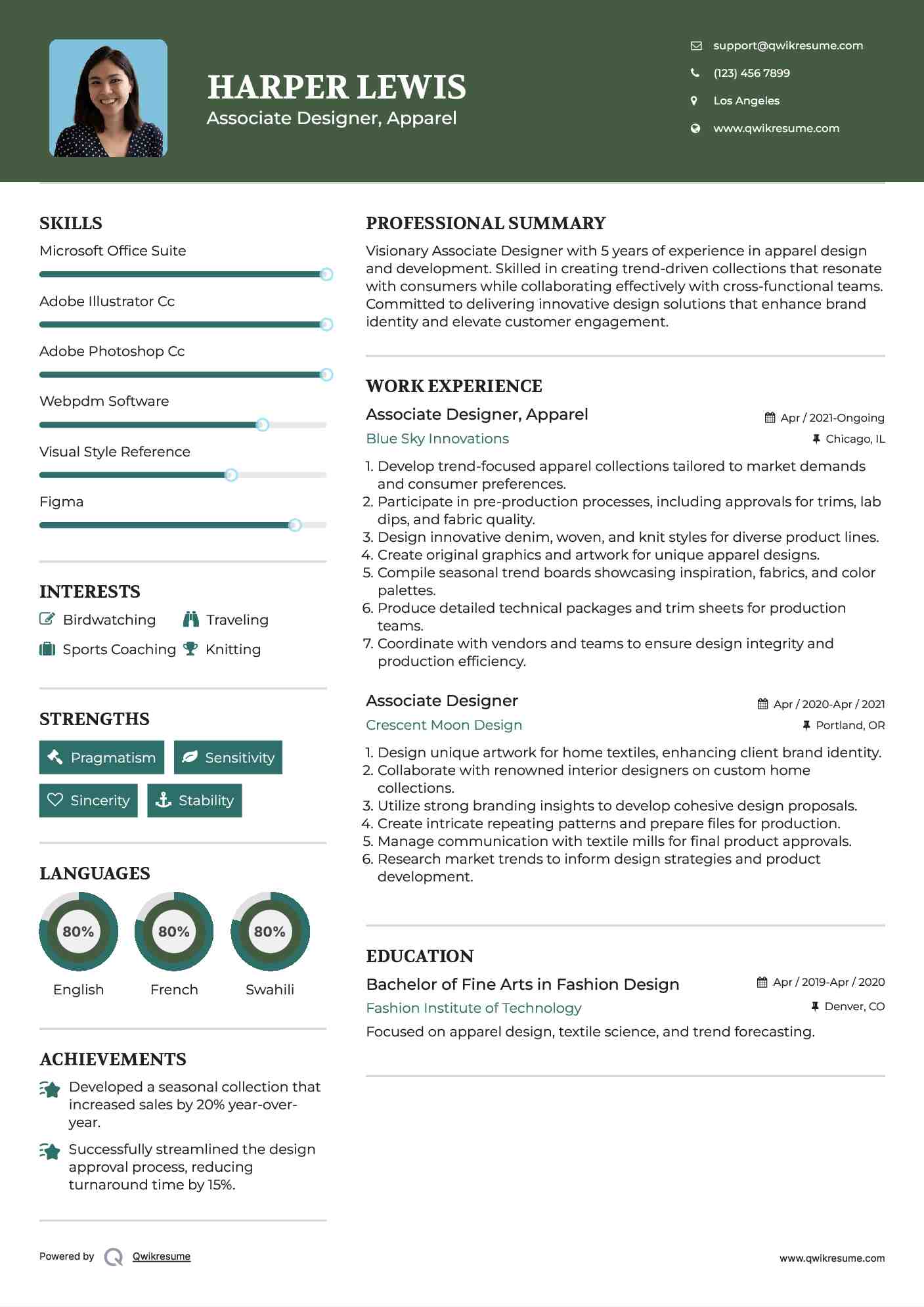 Associate Designer, Apparel Resume Sample