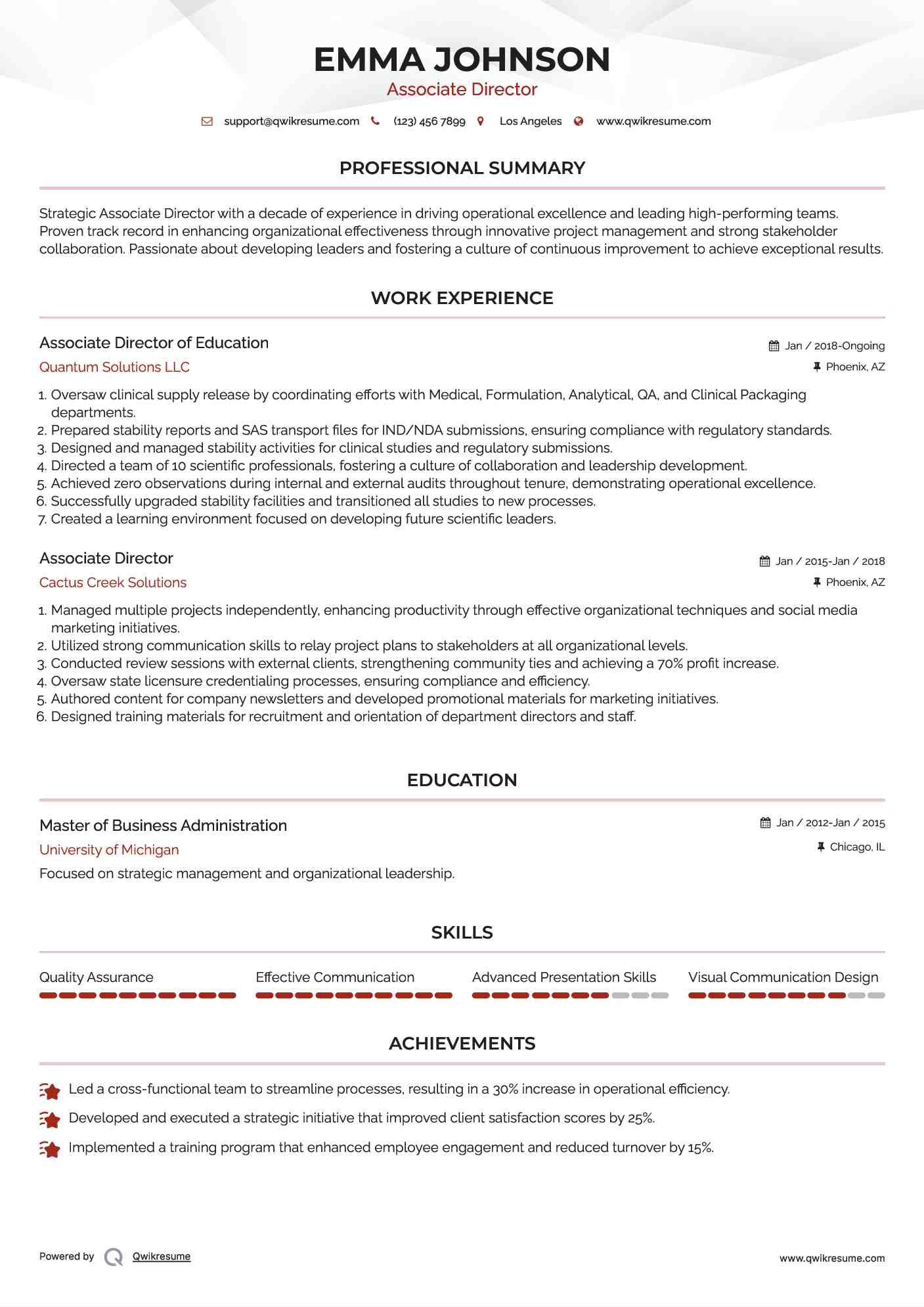 Associate Director of Education Resume Example