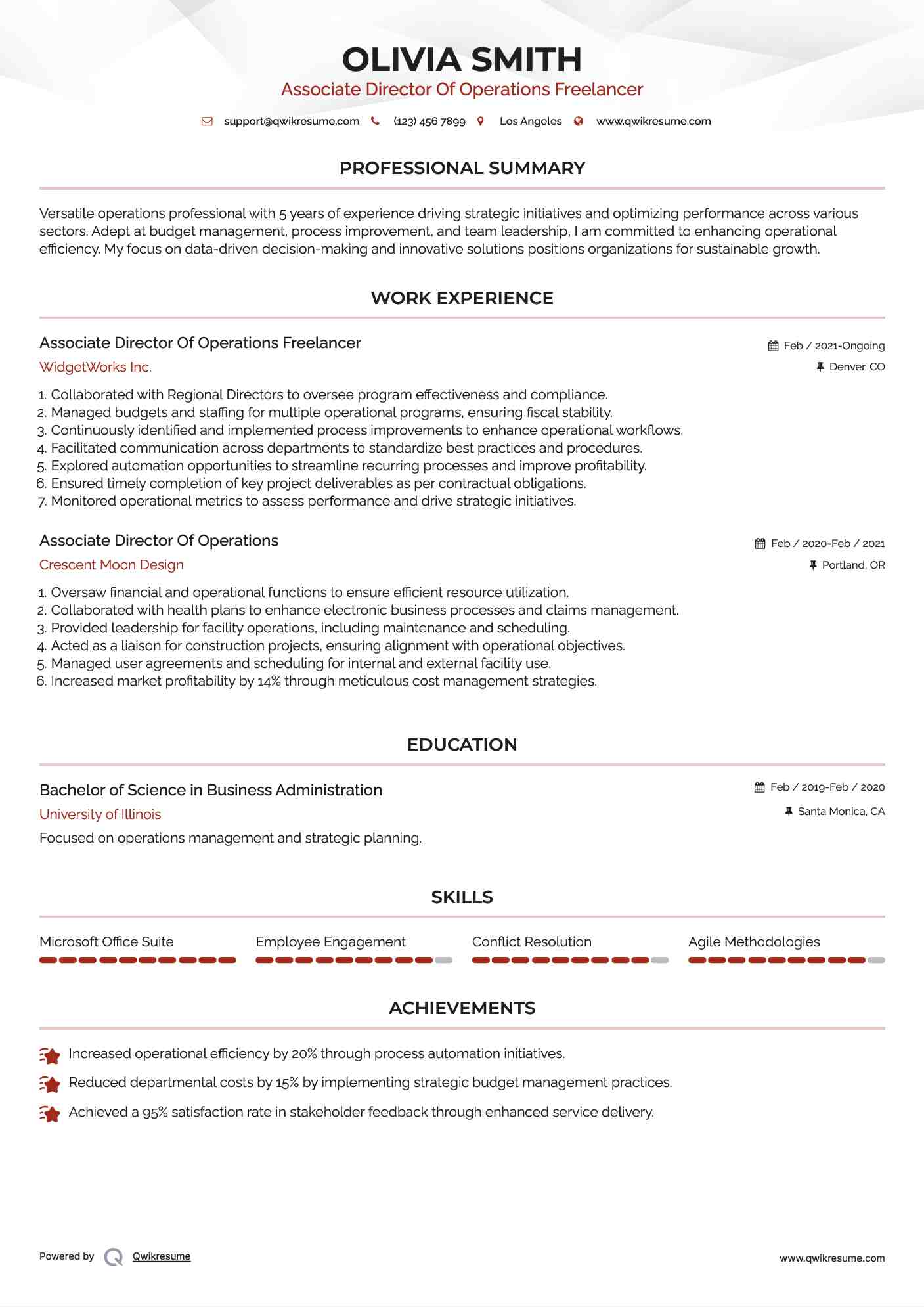 Associate Director Of Operations Freelancer Resume Model