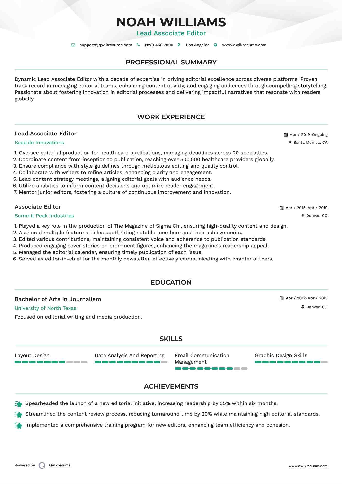 Lead Associate Editor Resume Format