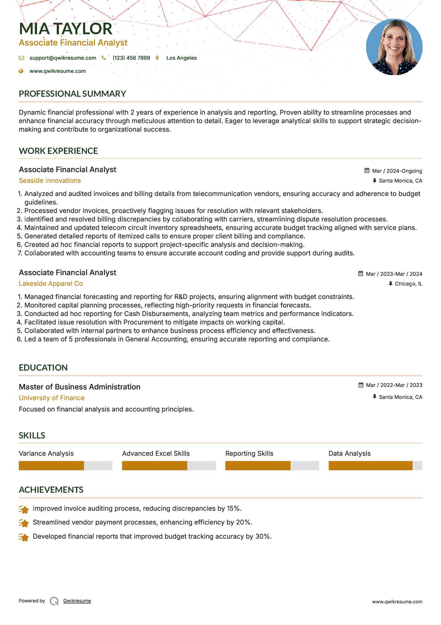Associate Financial Analyst Resume Format