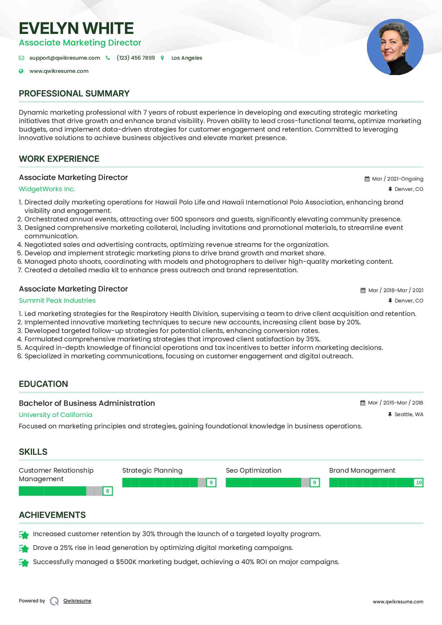 Associate Marketing Director Resume Sample