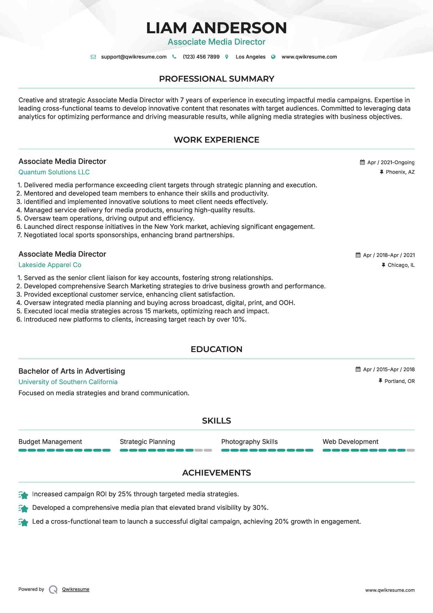 Associate Media Director Resume Template
