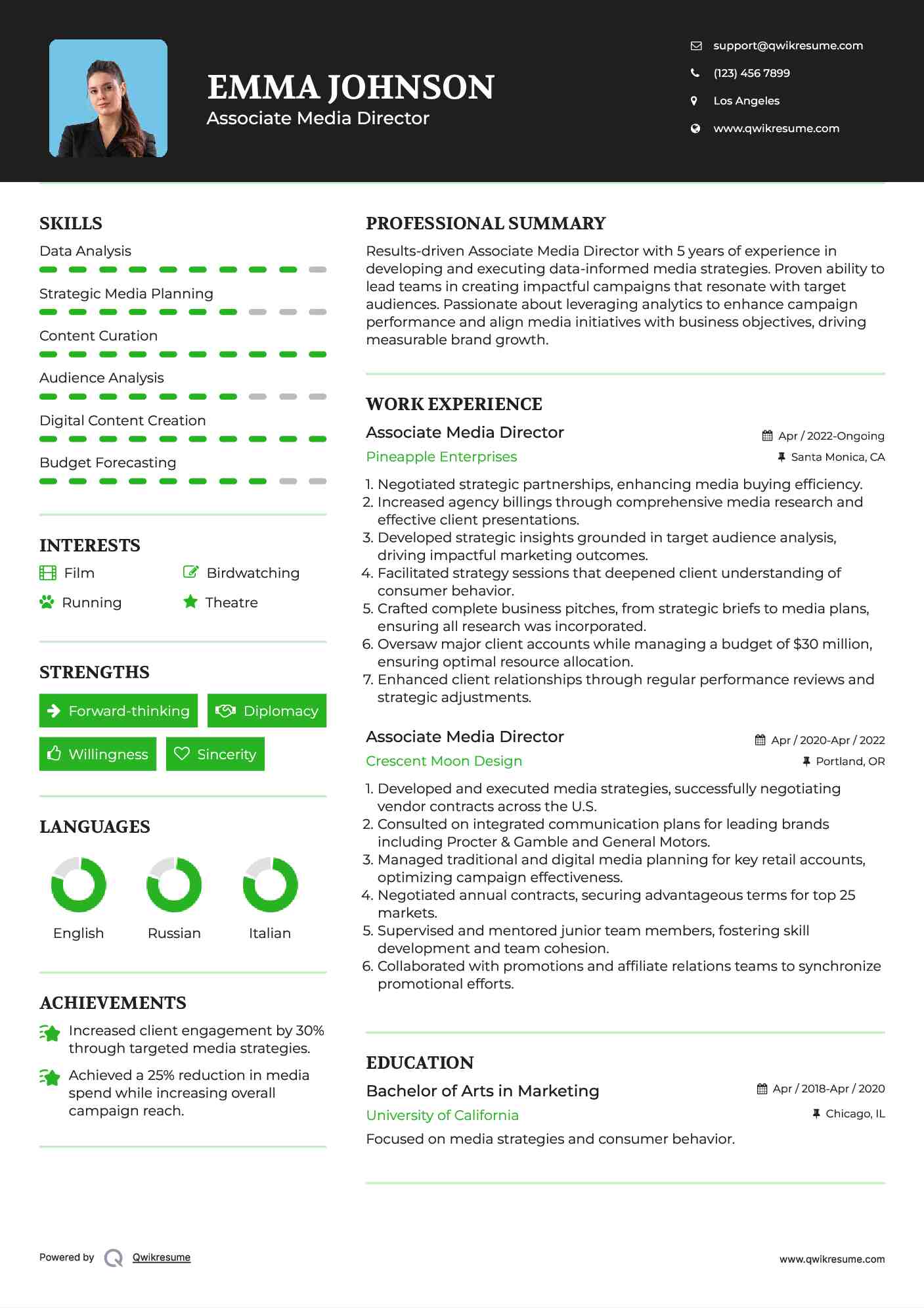 Associate Media Director Resume Sample