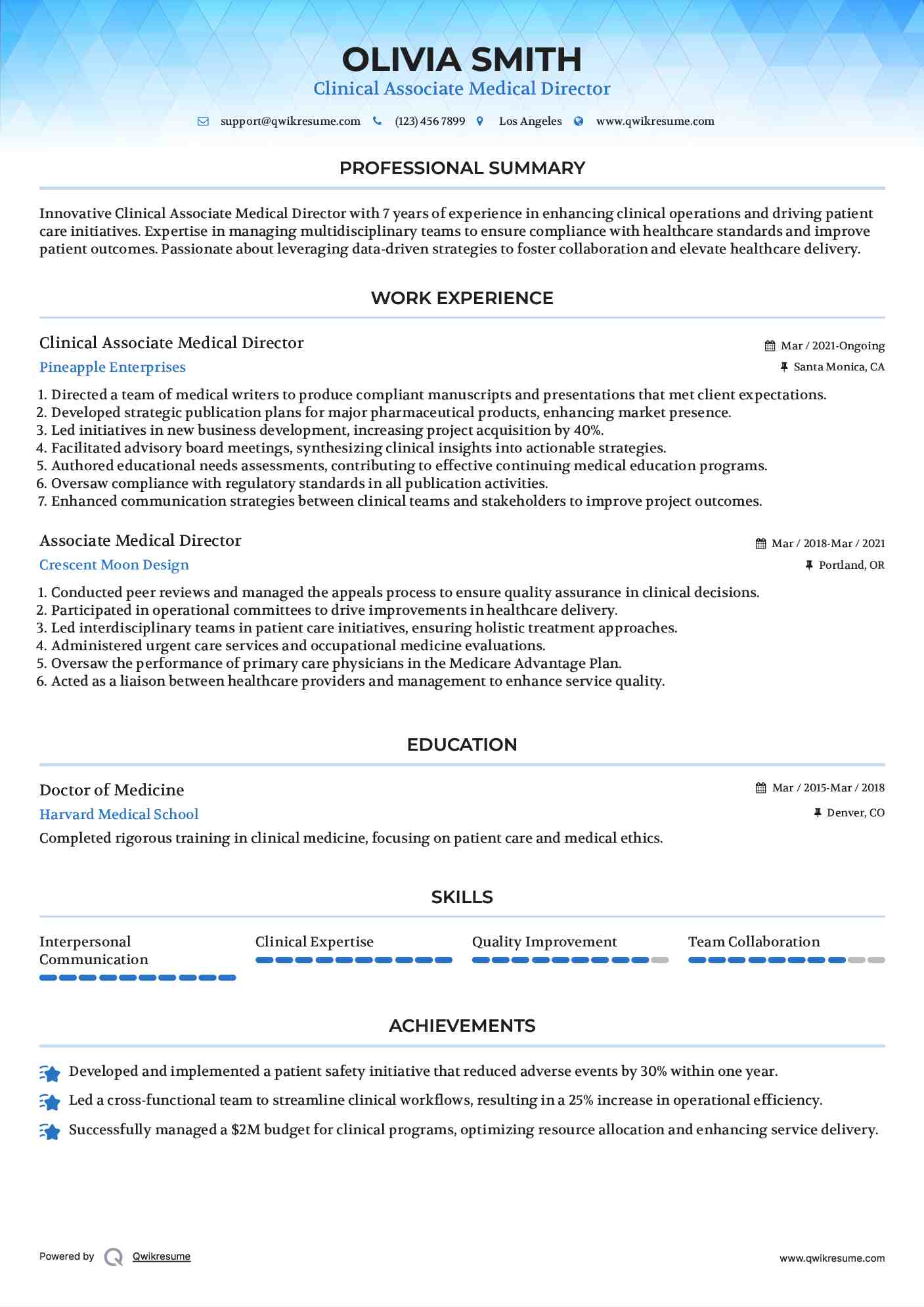 Clinical Associate Medical Director Resume Sample