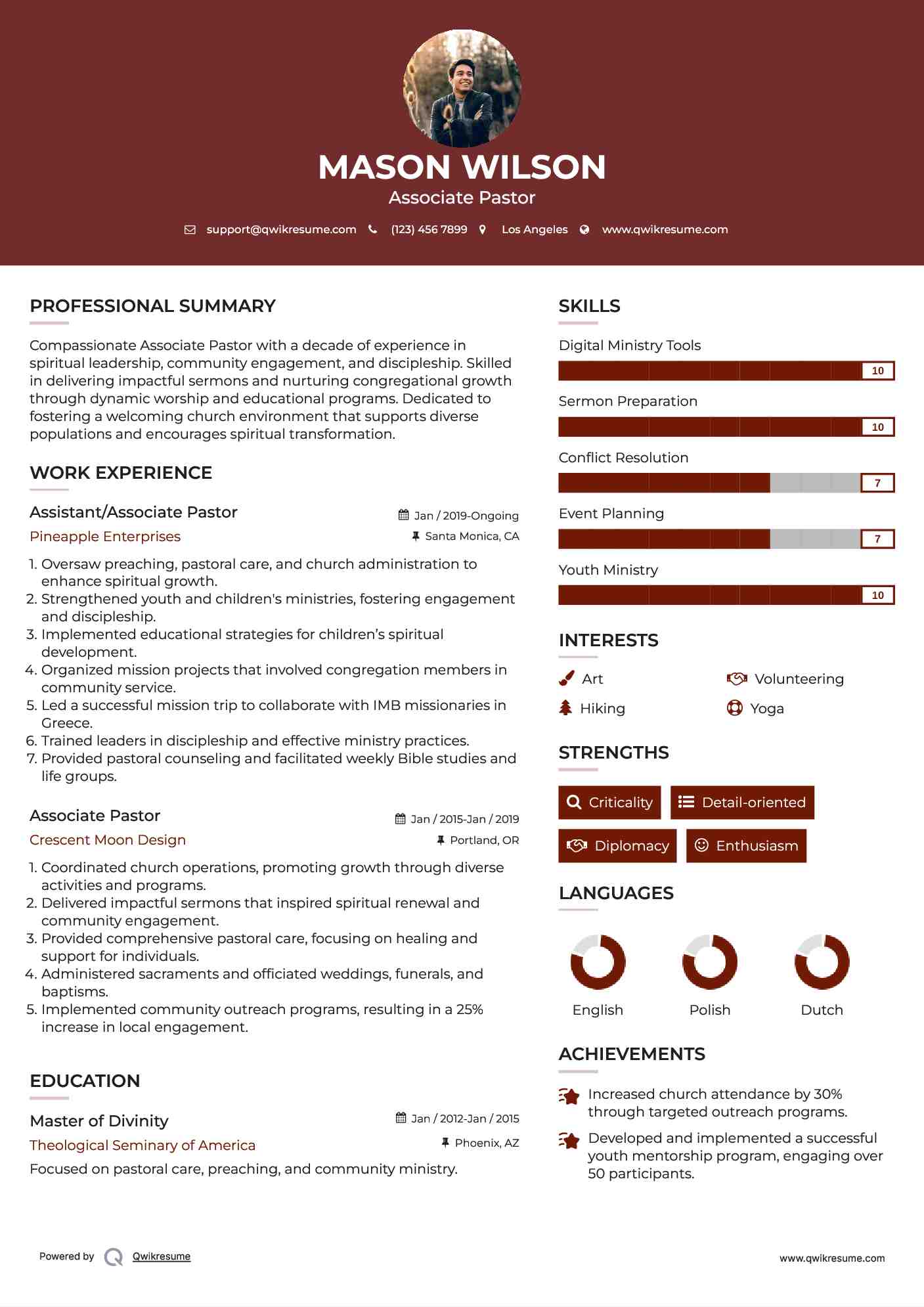 Assistant/Associate Pastor Resume Template