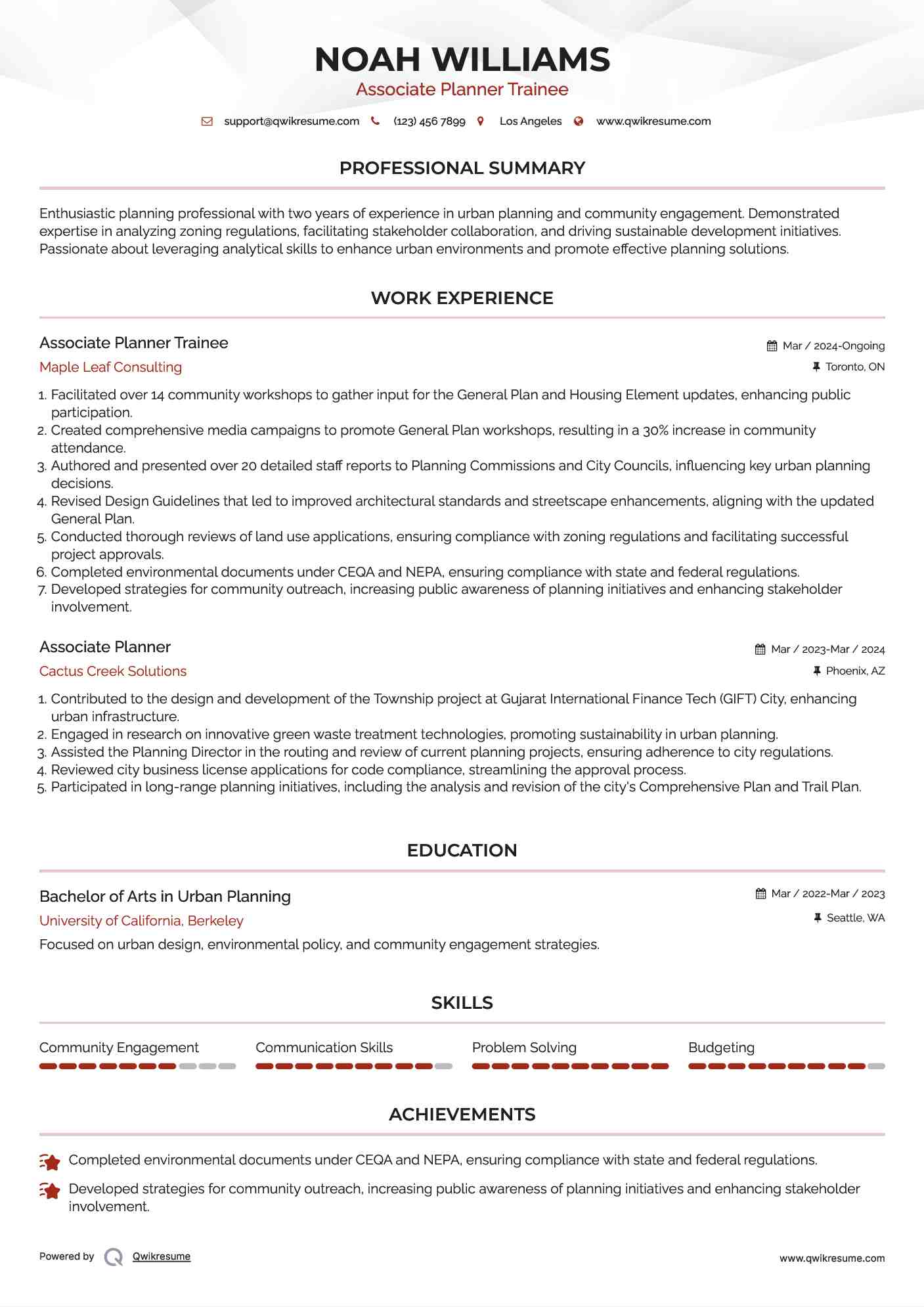 Associate Planner Trainee Resume Model