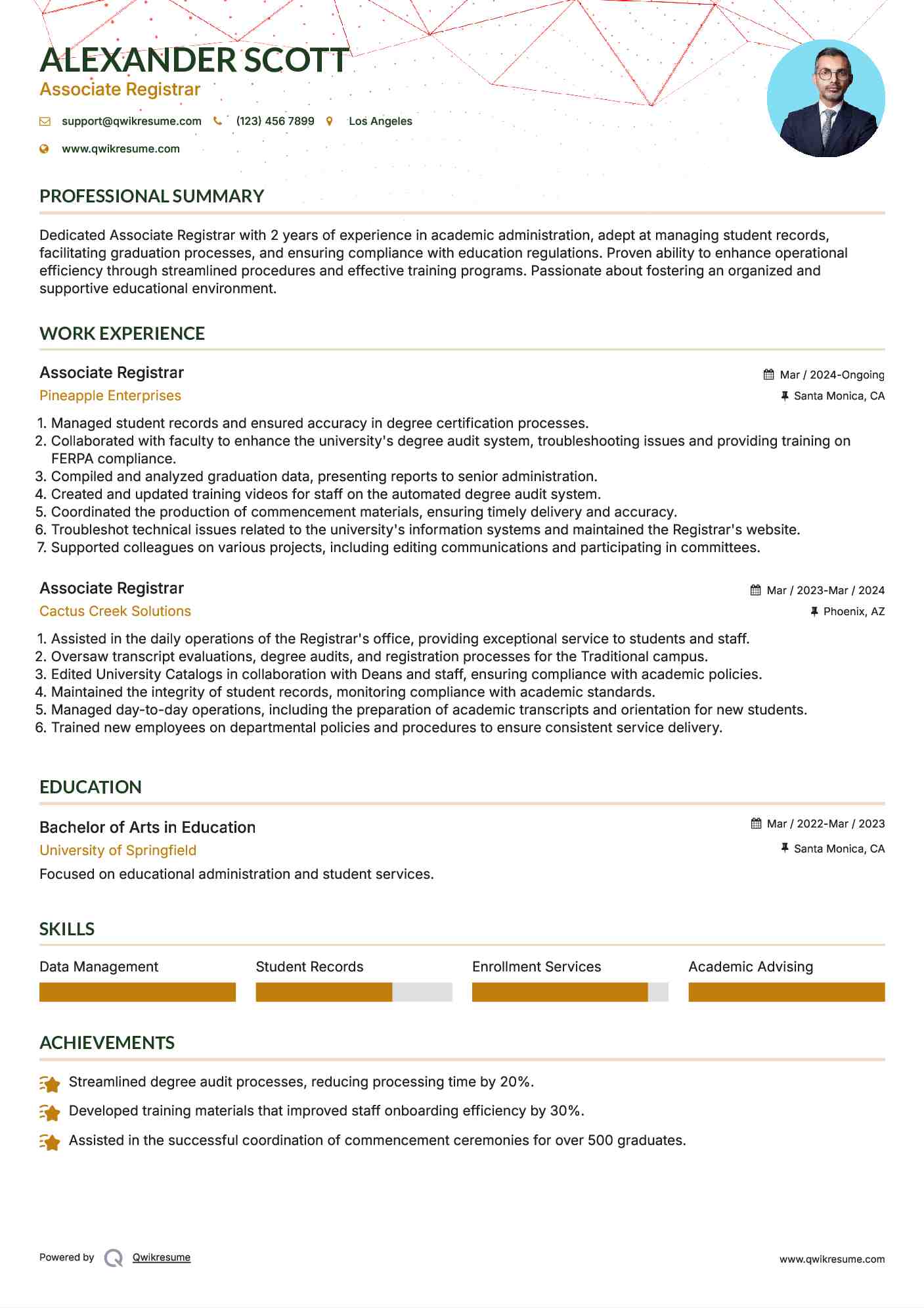 Associate Registrar Resume Format