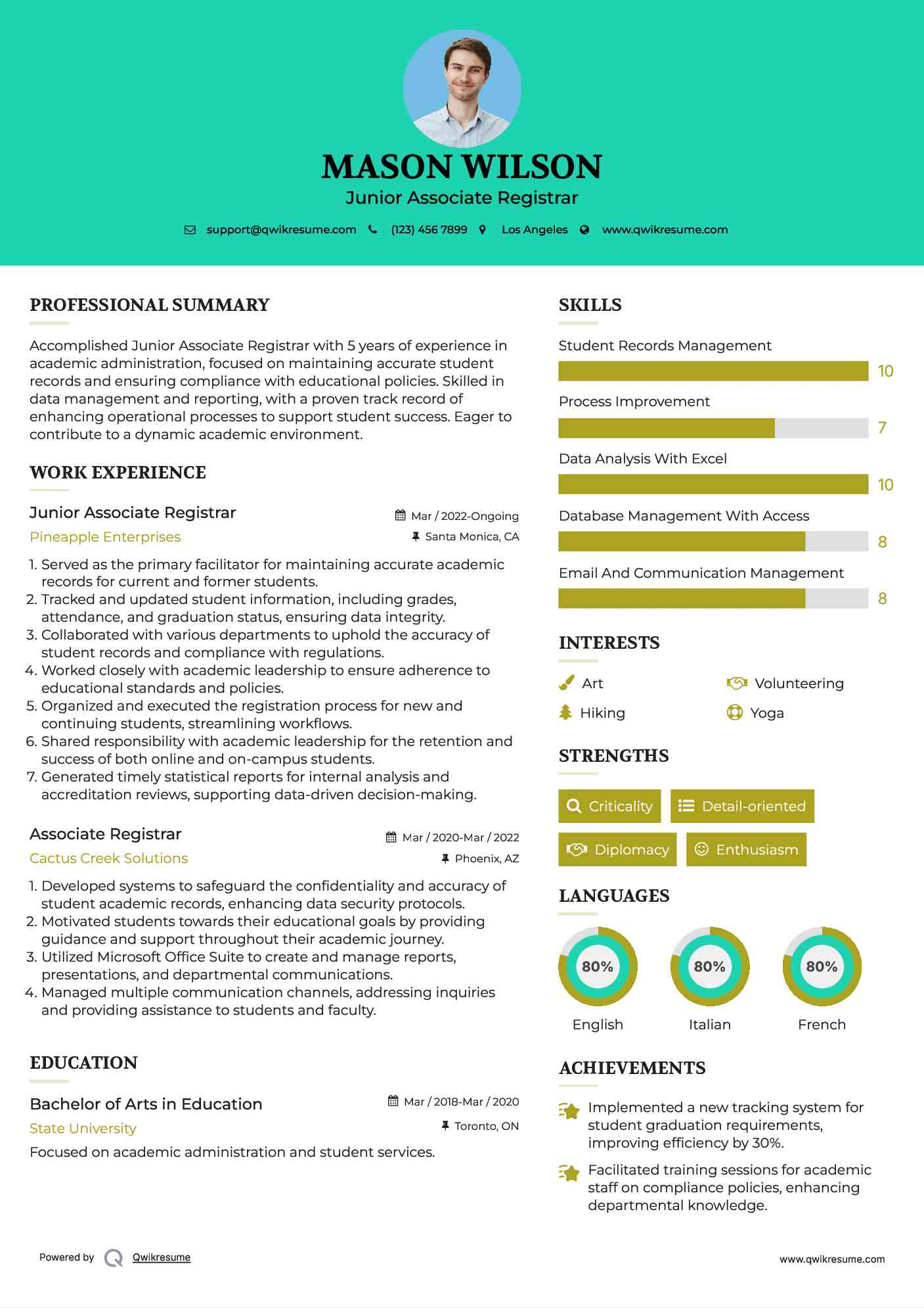 Junior Associate Registrar Resume Sample