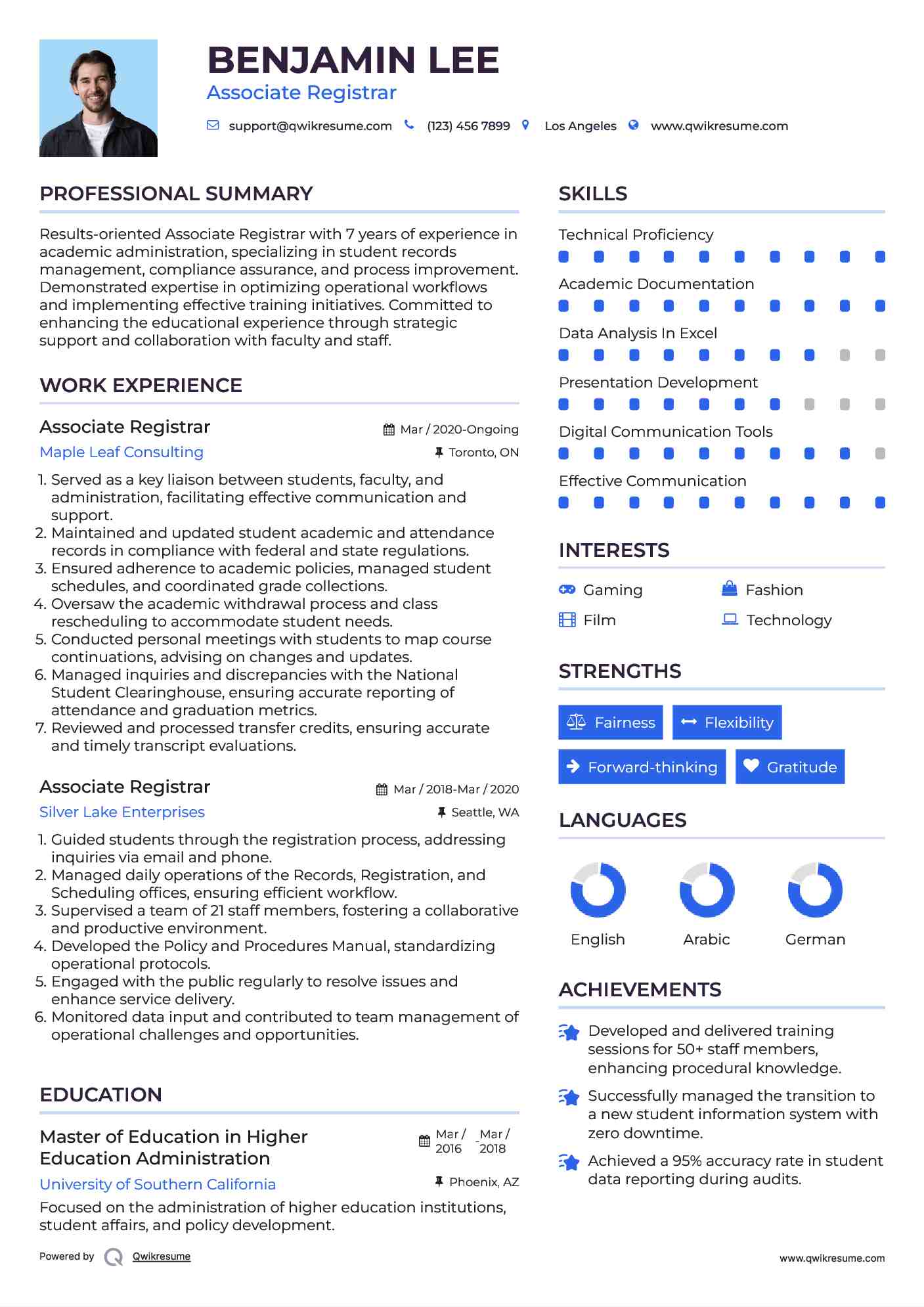 Associate Registrar Resume Model