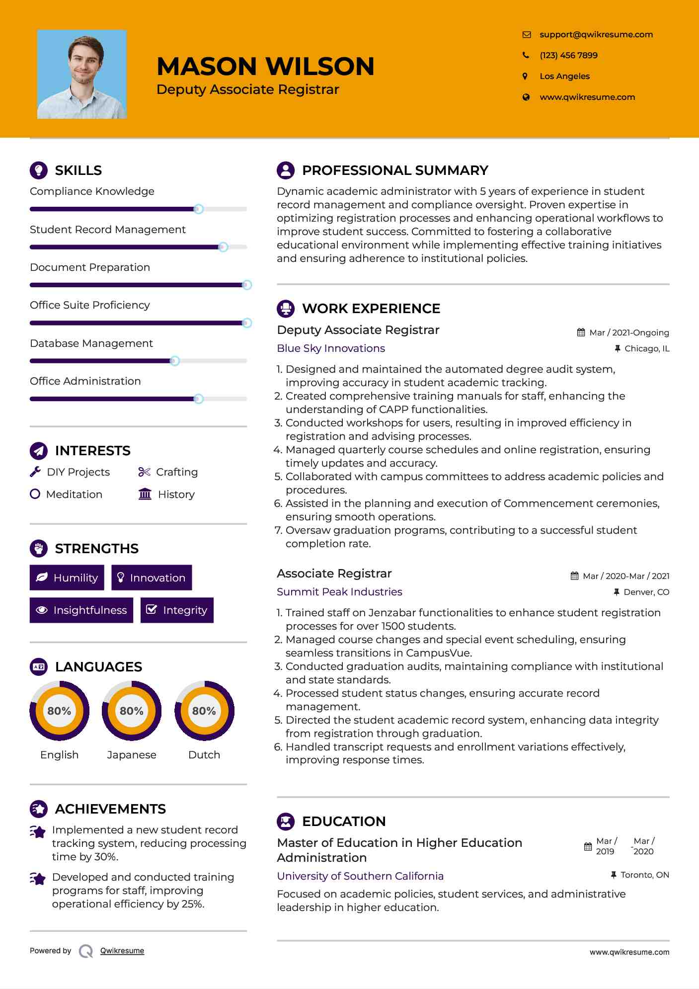 Deputy Associate Registrar Resume Format